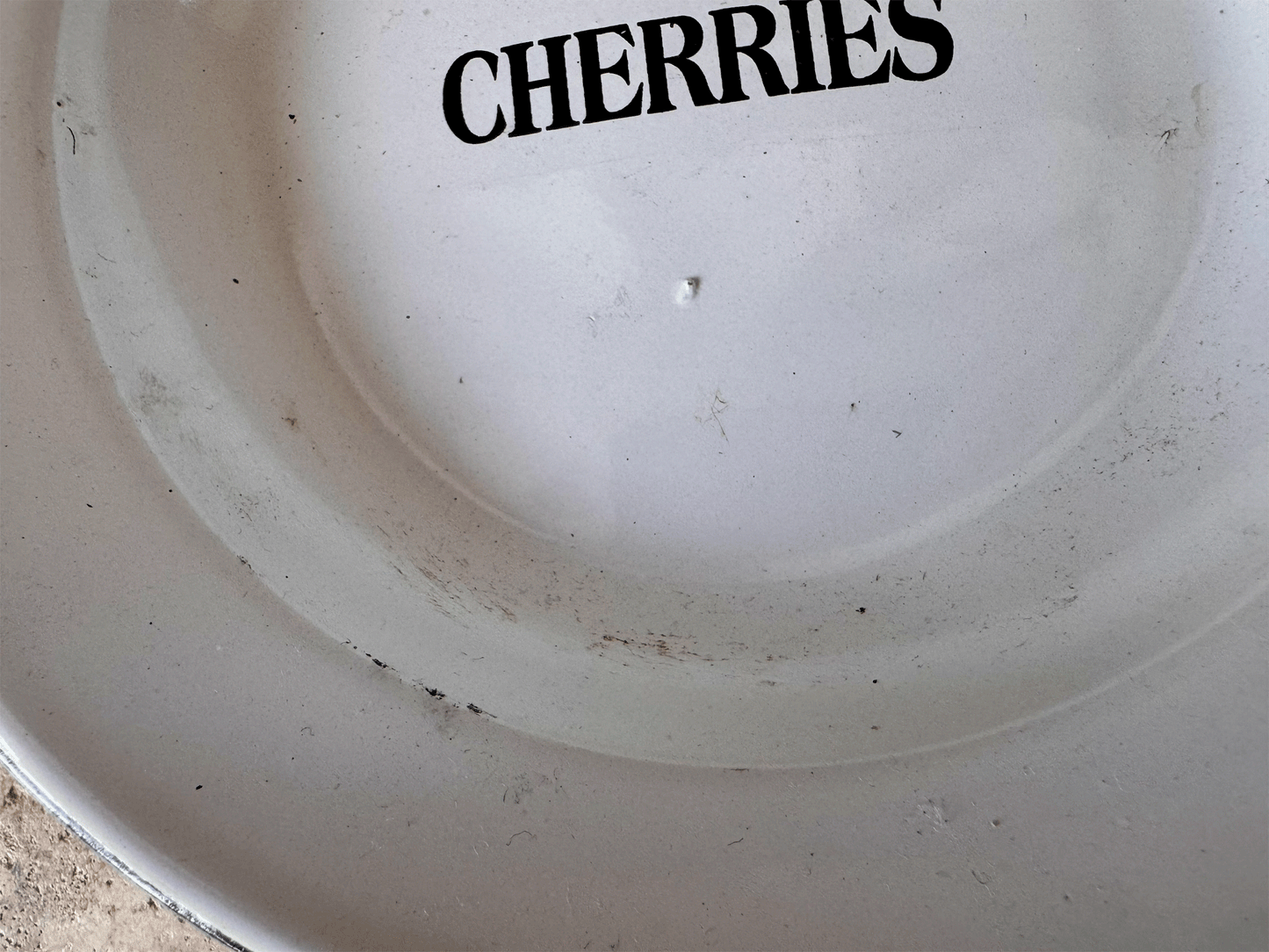 rare antique vintage english kitchenalia enamel bowl lack typography cherries label