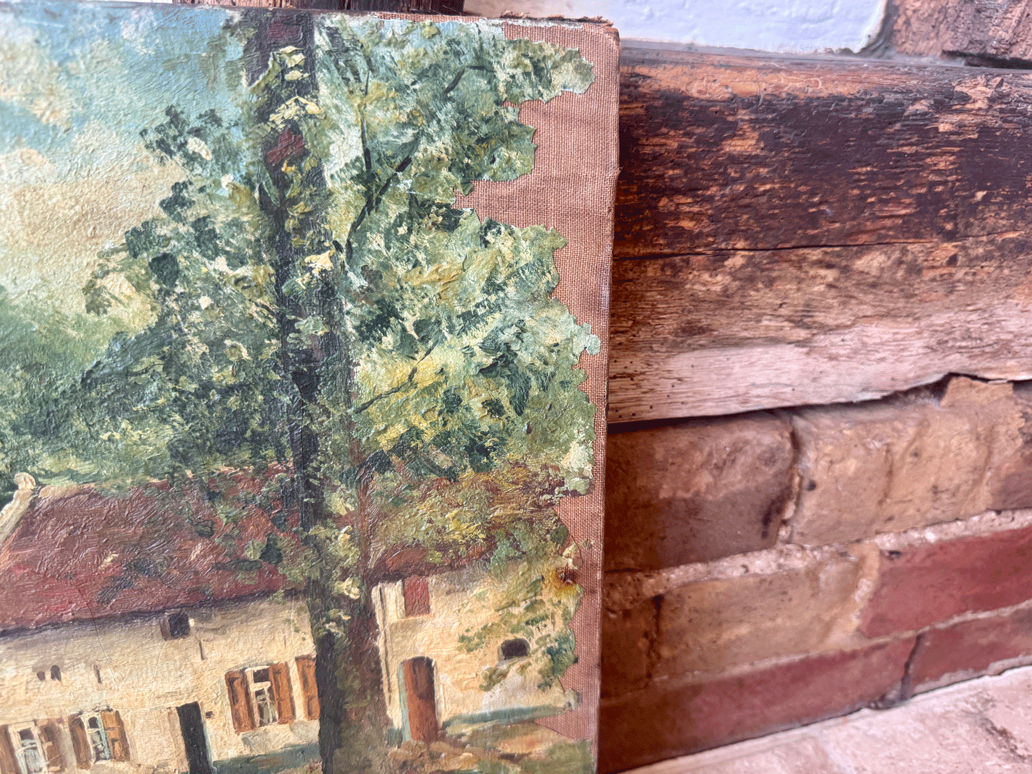 antique european artwork signed dated oil painting canvas landscape country rural farmhouse country en plein air pastoral art