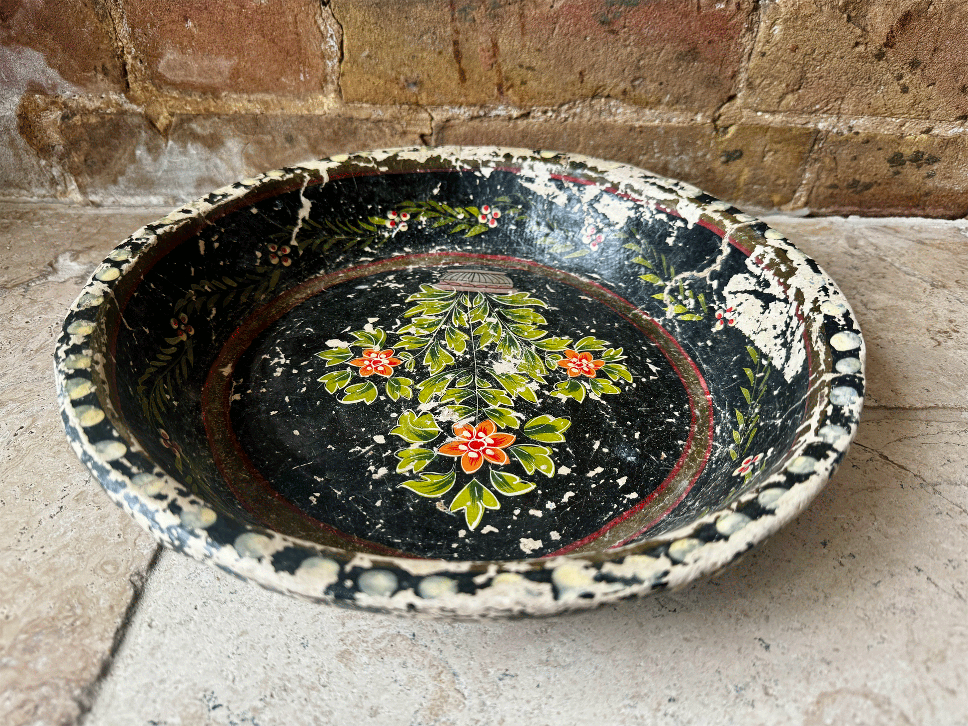 antique european large decorative floral hand painted papier mache tray large trinket dish