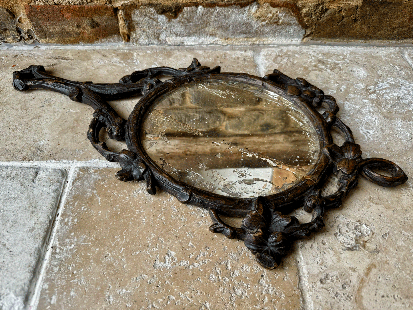 rare antique carved 1800s 19th century woodem black forest french hand mirror