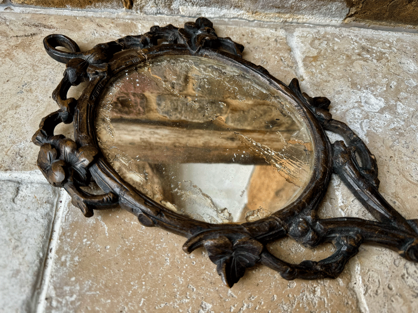 rare antique carved 1800s 19th century woodem black forest french hand mirror