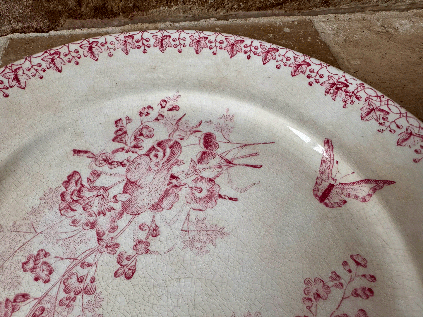 antique french 19th century 1800s country scene pink transferware terre de fer ironstone plate