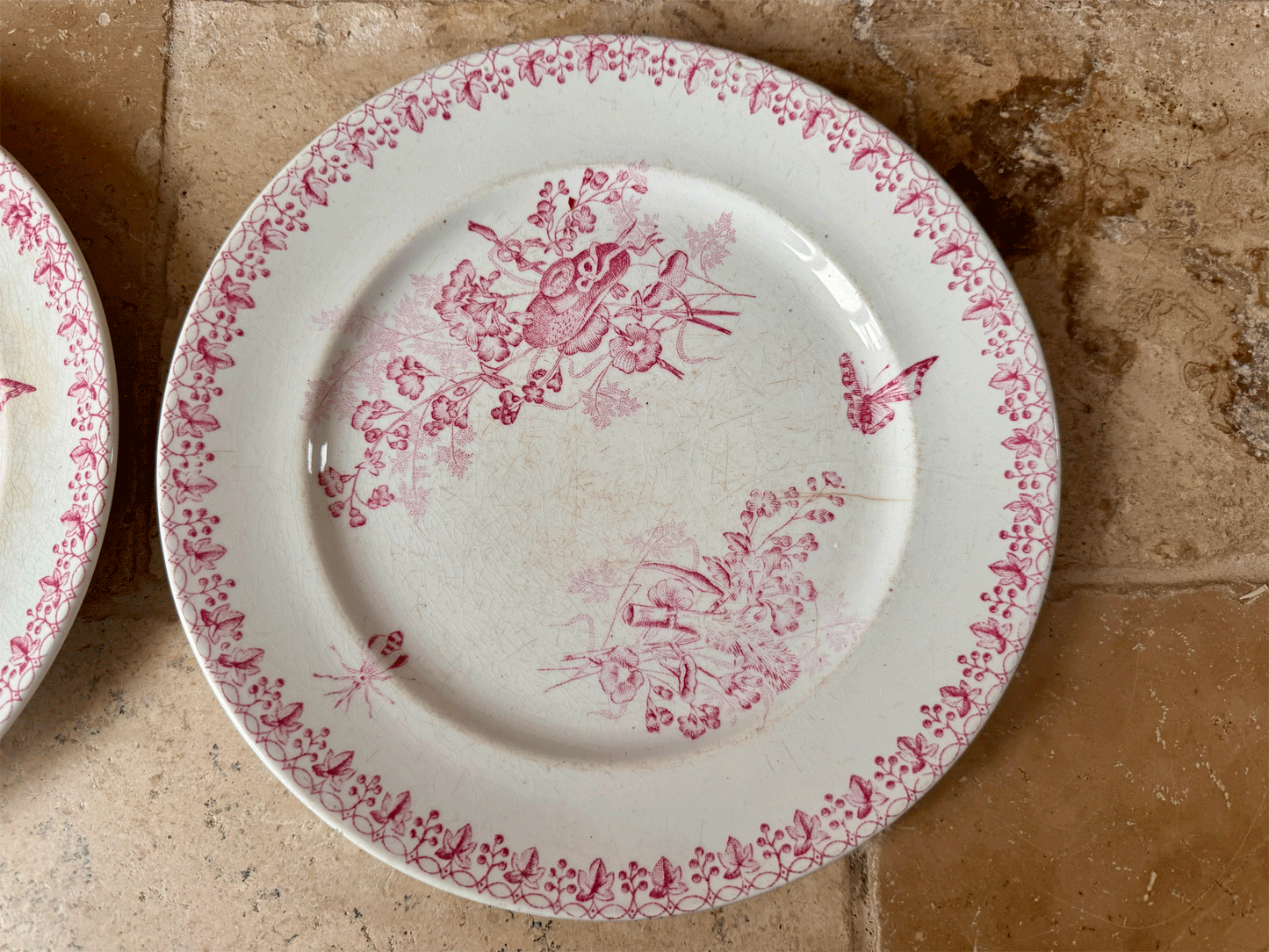 antique french 19th century 1800s country scene pink transferware terre de fer ironstone plate