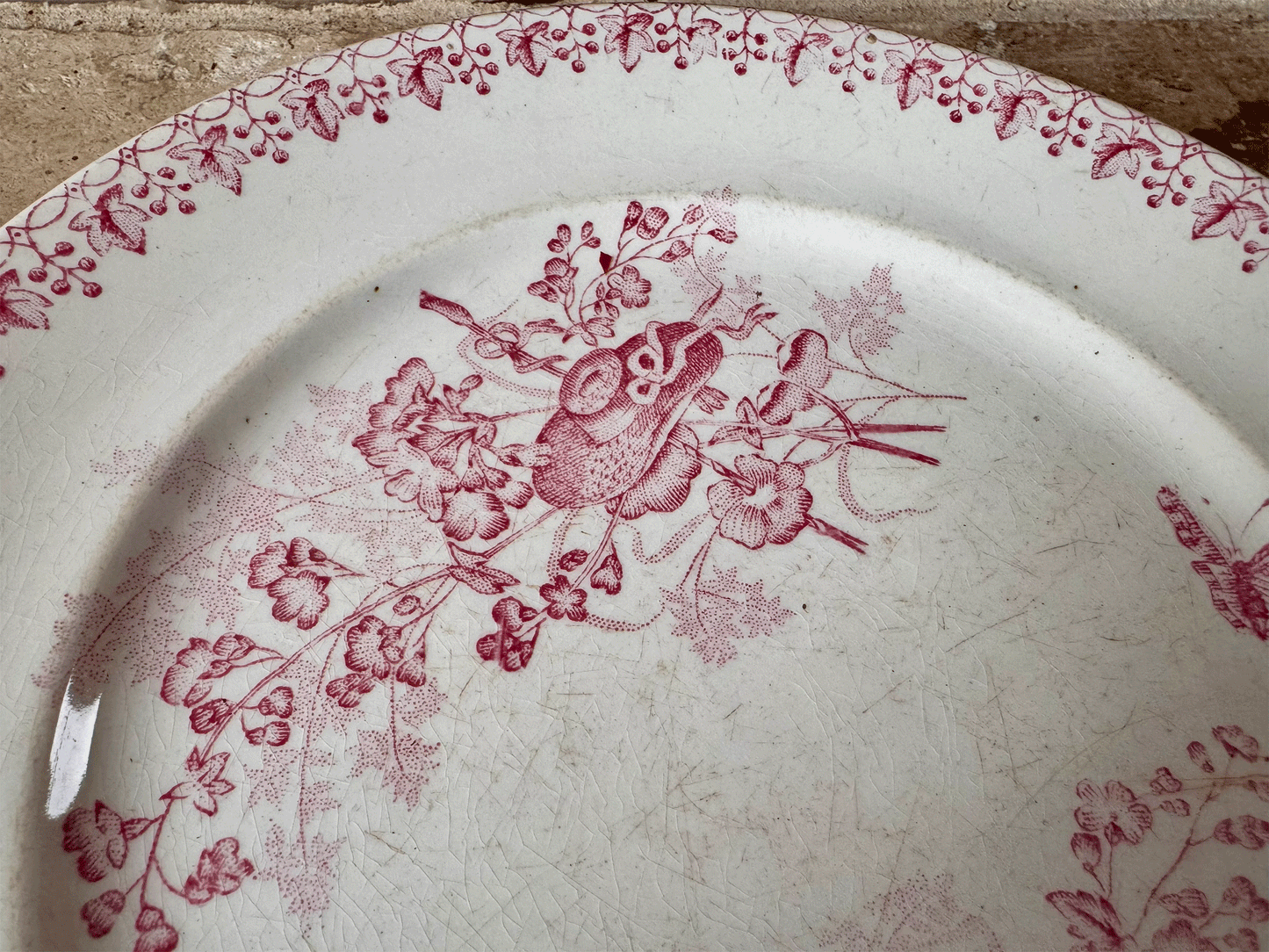 antique french 19th century 1800s country scene pink transferware terre de fer ironstone plate
