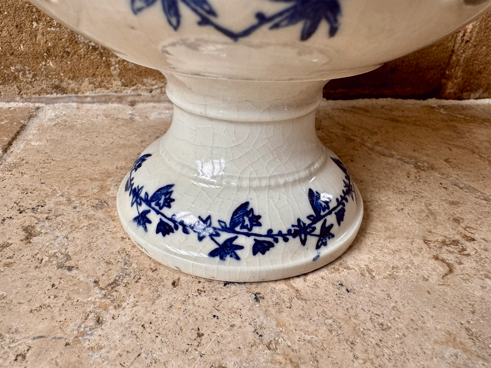 rare antique french 1920s blue white st uze bouquetiere flower vase holder earthenware