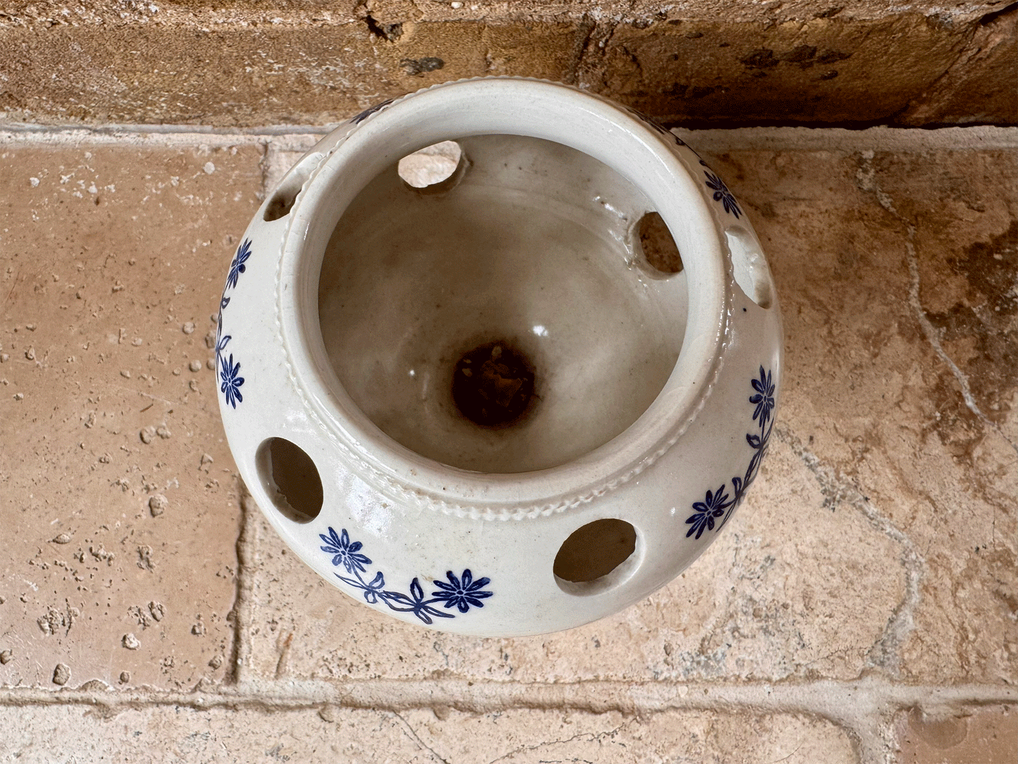 rare antique french 1920s blue white st uze bouquetiere flower vase holder earthenware