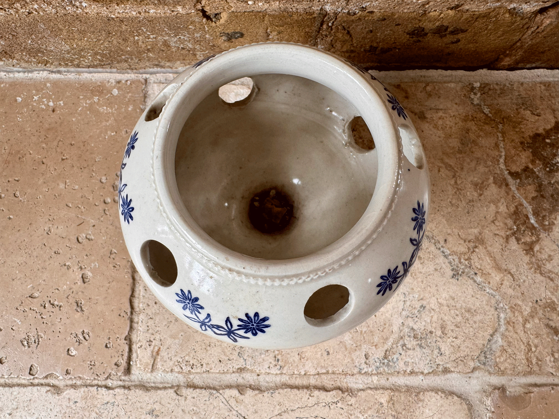 rare antique french 1920s blue white st uze bouquetiere flower vase holder earthenware