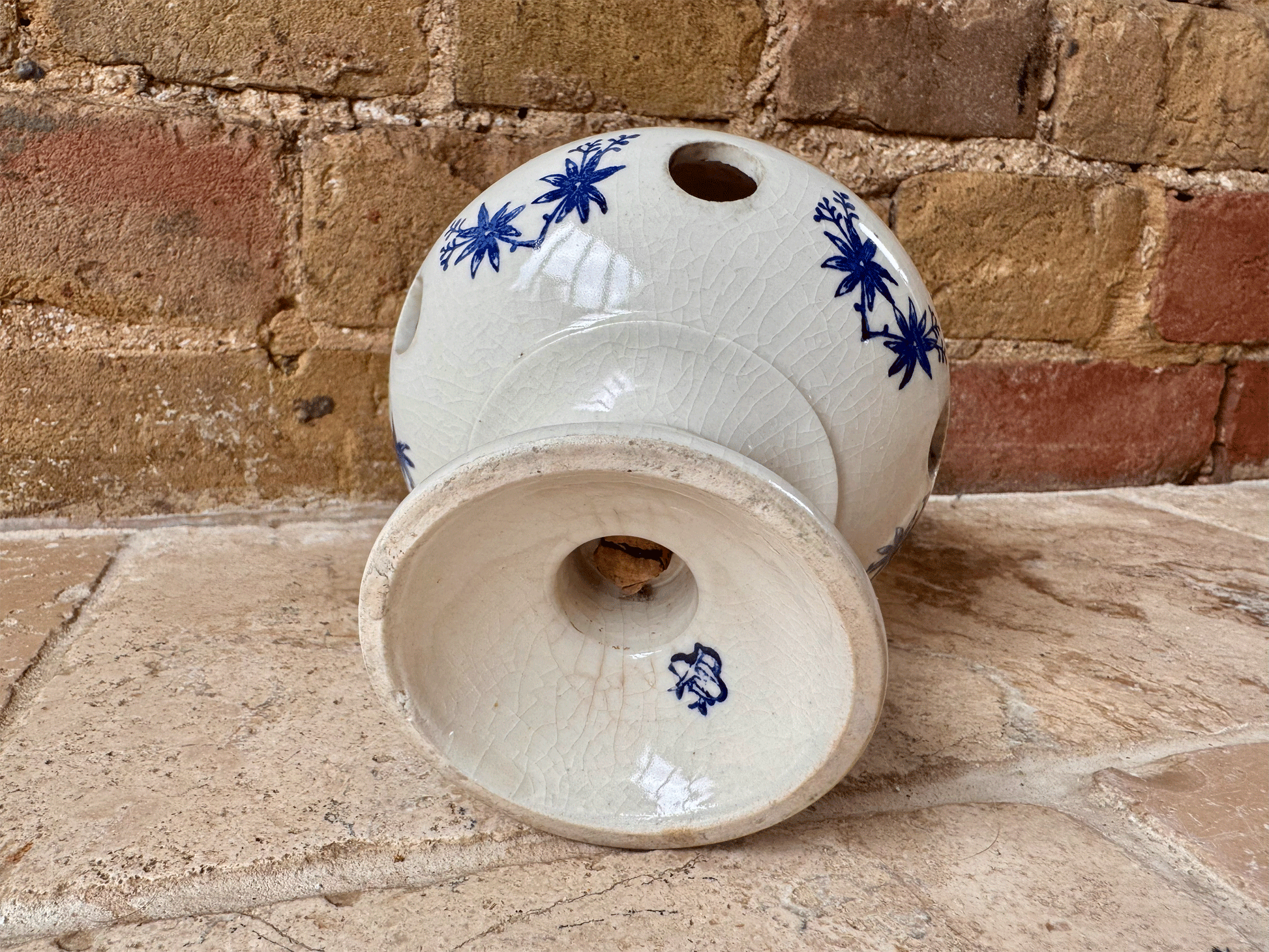 rare antique french 1920s blue white st uze bouquetiere flower vase holder earthenware