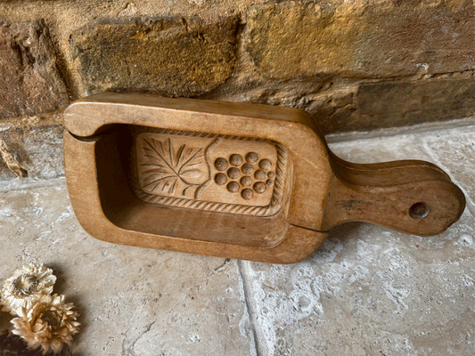 antique french 19th century carved wooden treen large butter brick mould florals foliage berries
