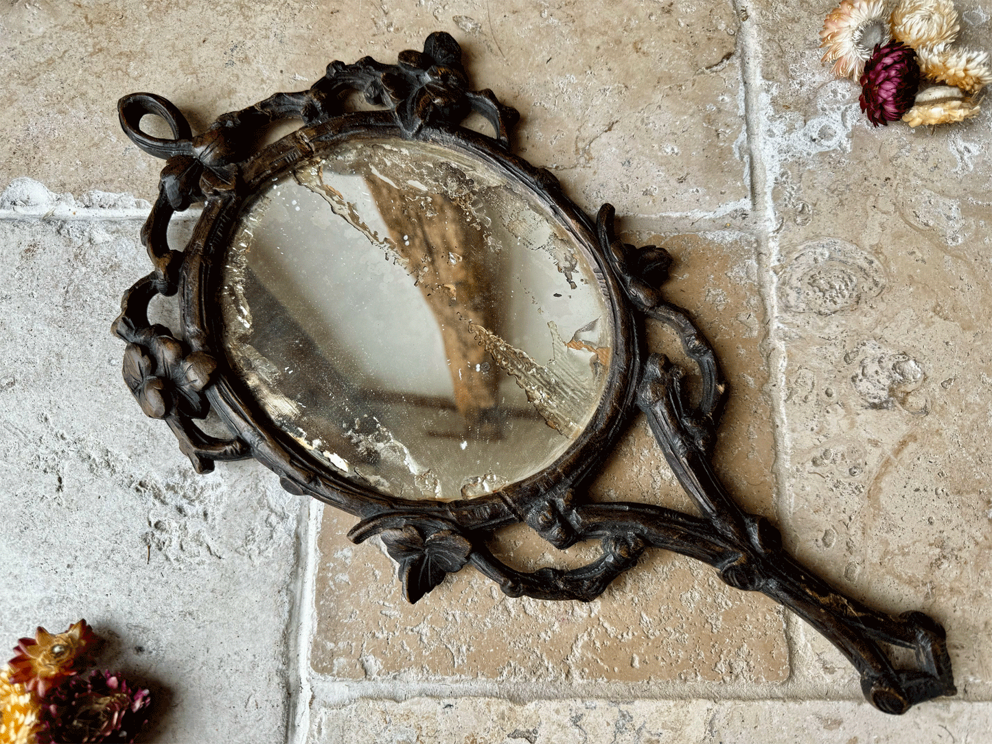 rare antique carved 1800s 19th century woodem black forest french hand mirror