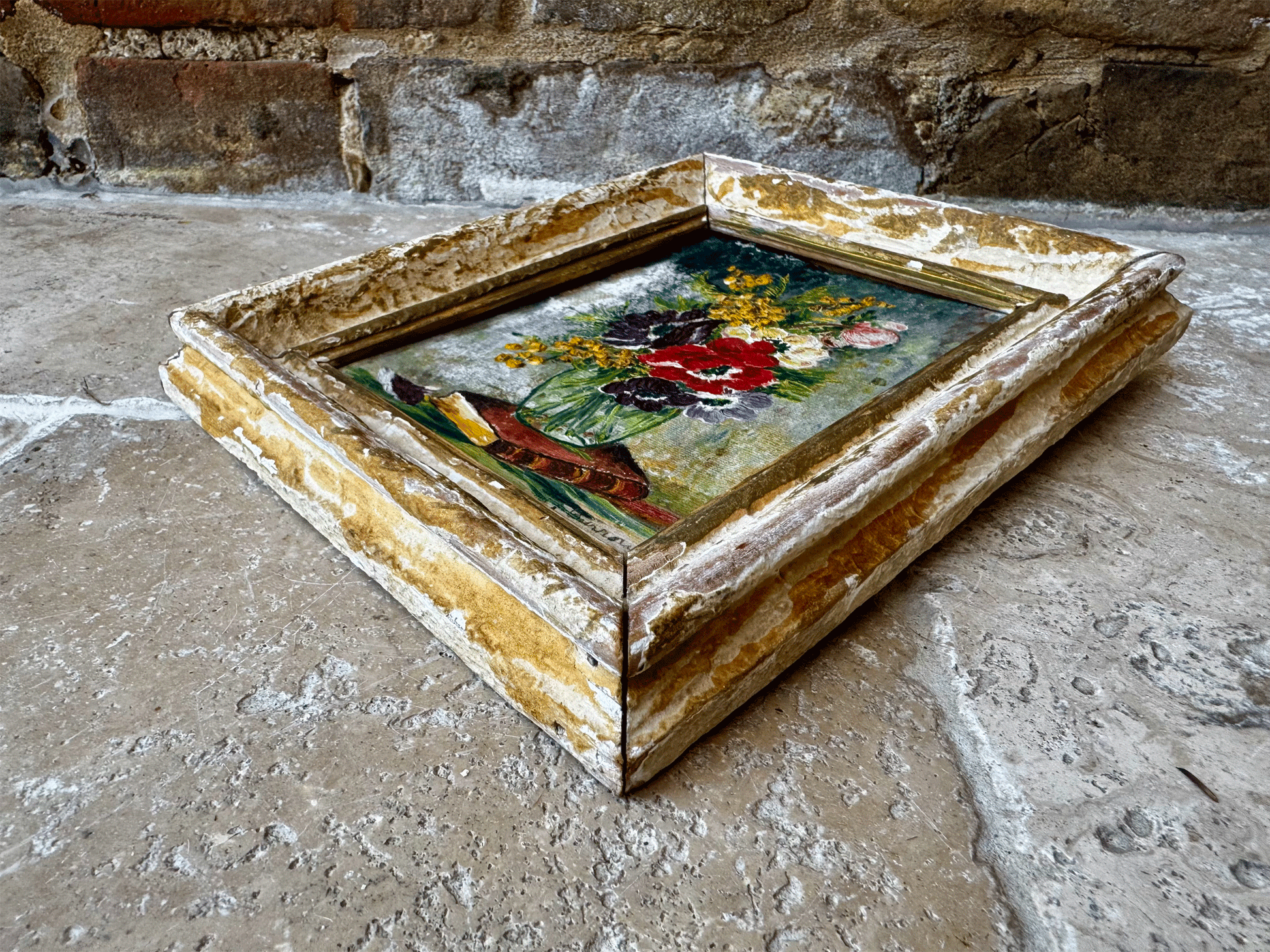 antique french small 19th century framed floral still life oil painting canvas signed 