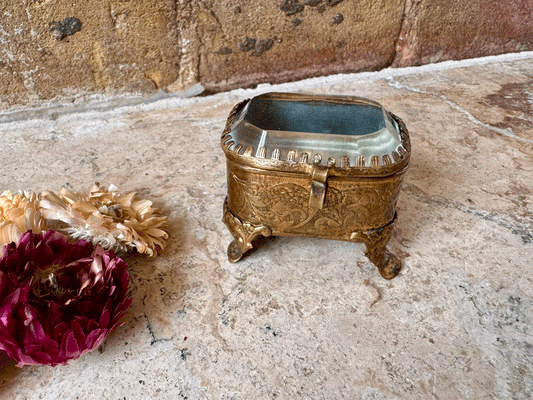 antique french 19th century pressed brass ormolu bevelled glass emerald green silk lining jewel casket patch box napoleon iii
