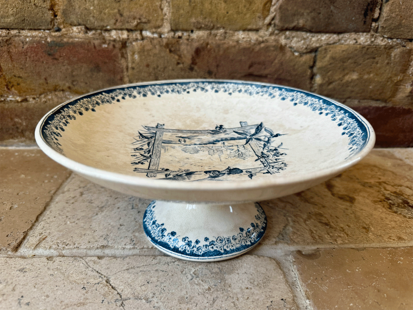 antique french rare 19th century salins paysage blue transferware terre de fer ironstone compotier compote dish stand