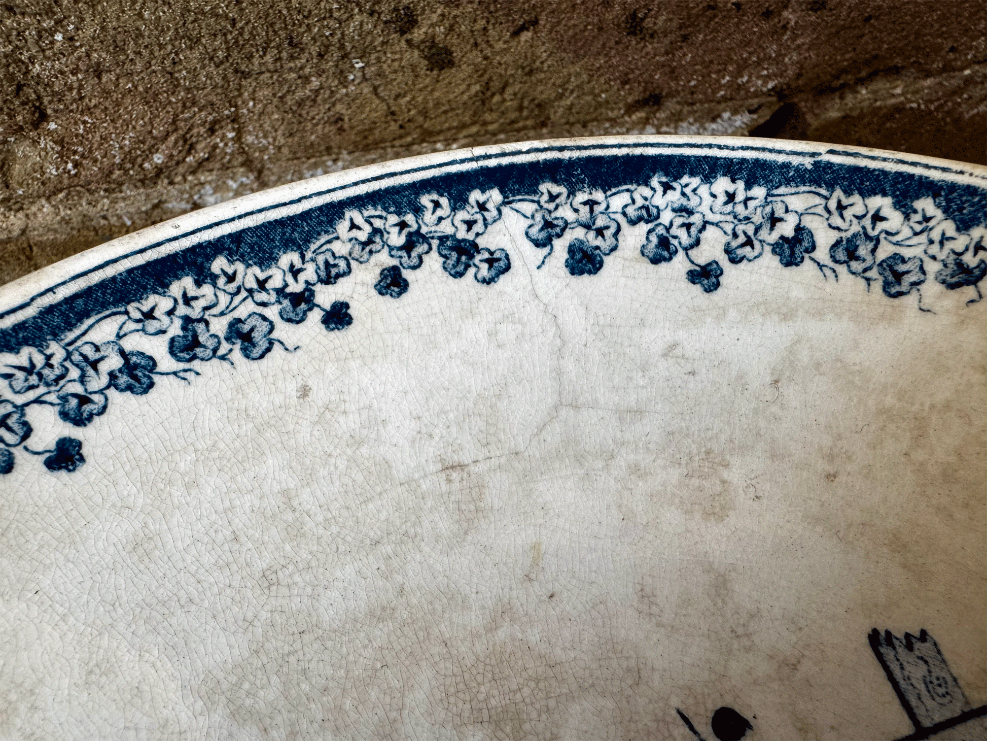 antique french rare 19th century salins paysage blue transferware terre de fer ironstone compotier compote dish stand