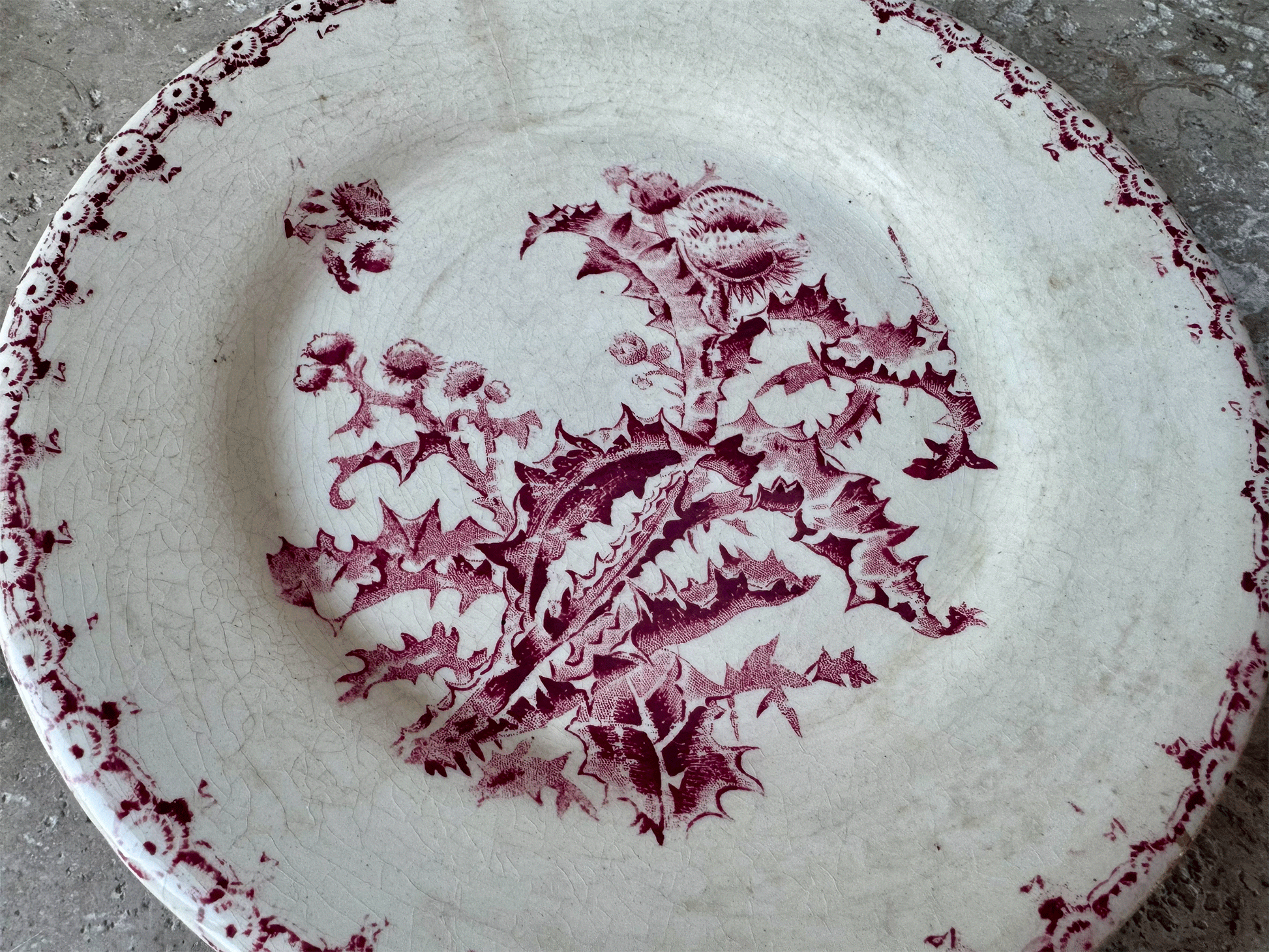 antique french gien chardons pink transferware terre de fer ironstone plate