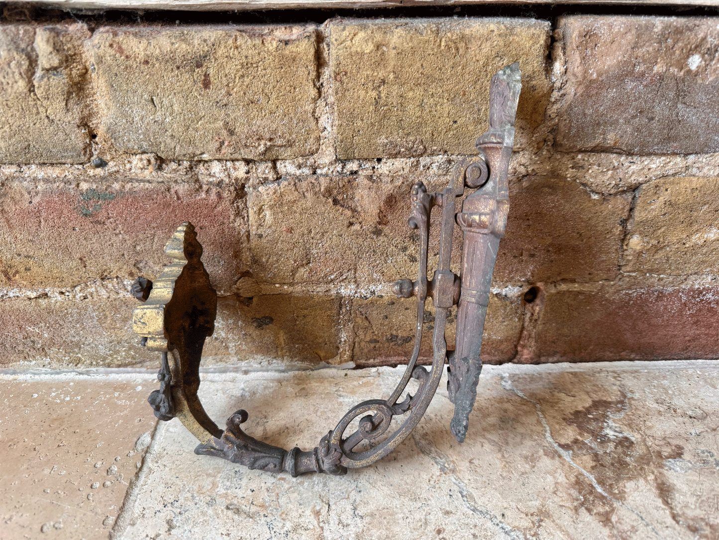 antique french rare 19th century cast iron ormolu wall bracket hanging decorative torches curtain drape hook tie back