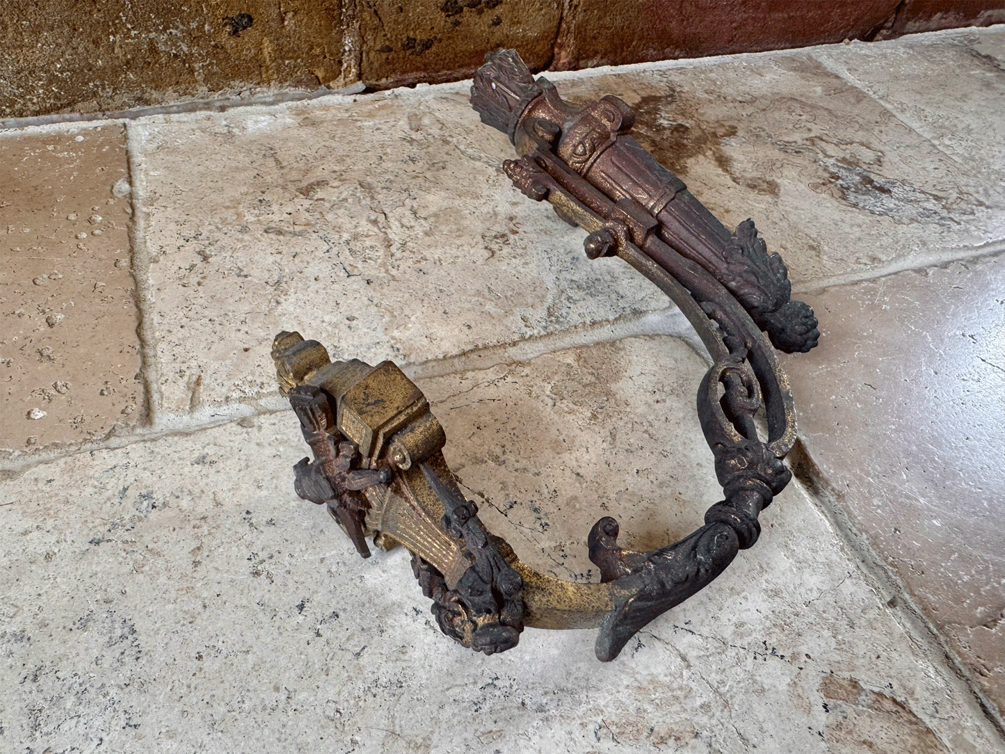 antique french rare 19th century cast iron ormolu wall bracket hanging decorative torches curtain drape hook tie back