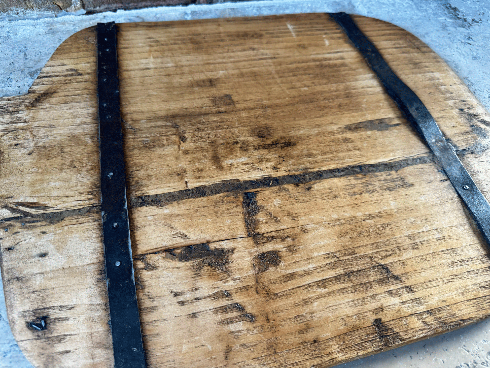 antique french extra large repaired dough bread board metalwork rustic kitchen decor