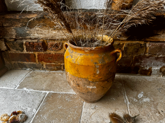 antique extra large 19th century timeworn provence yellow glaze terracotta stonware confit pot