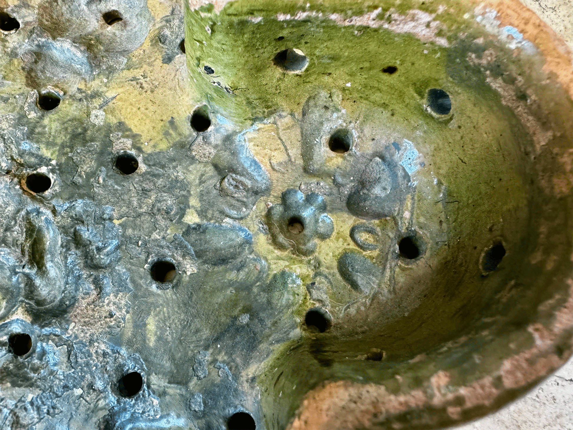 rare antique 19th century provencal cheese mould strainer drainer faisselle wheel earthenware terracotta green glaze