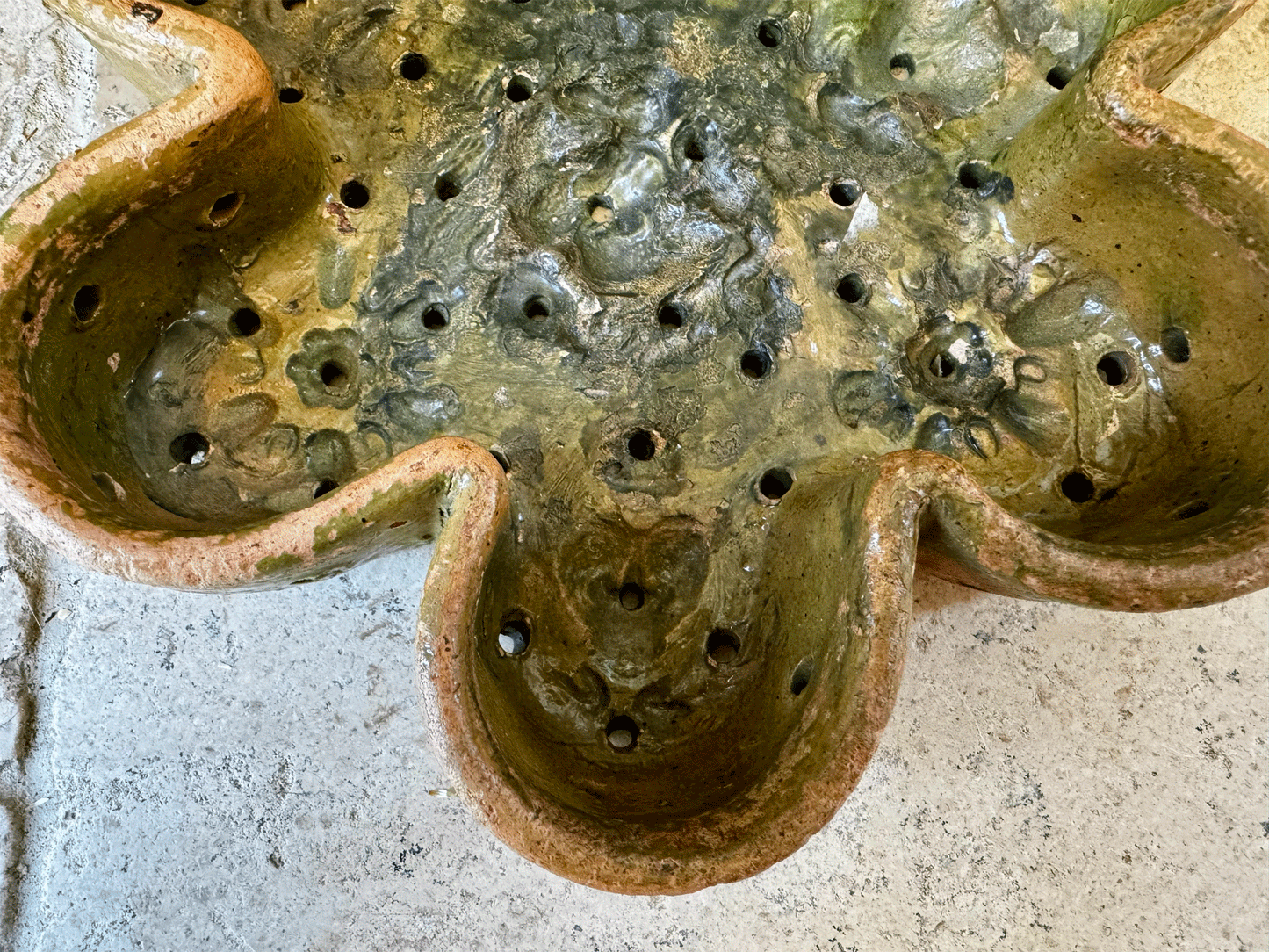 rare antique 19th century provencal cheese mould strainer drainer faisselle wheel earthenware terracotta green glaze