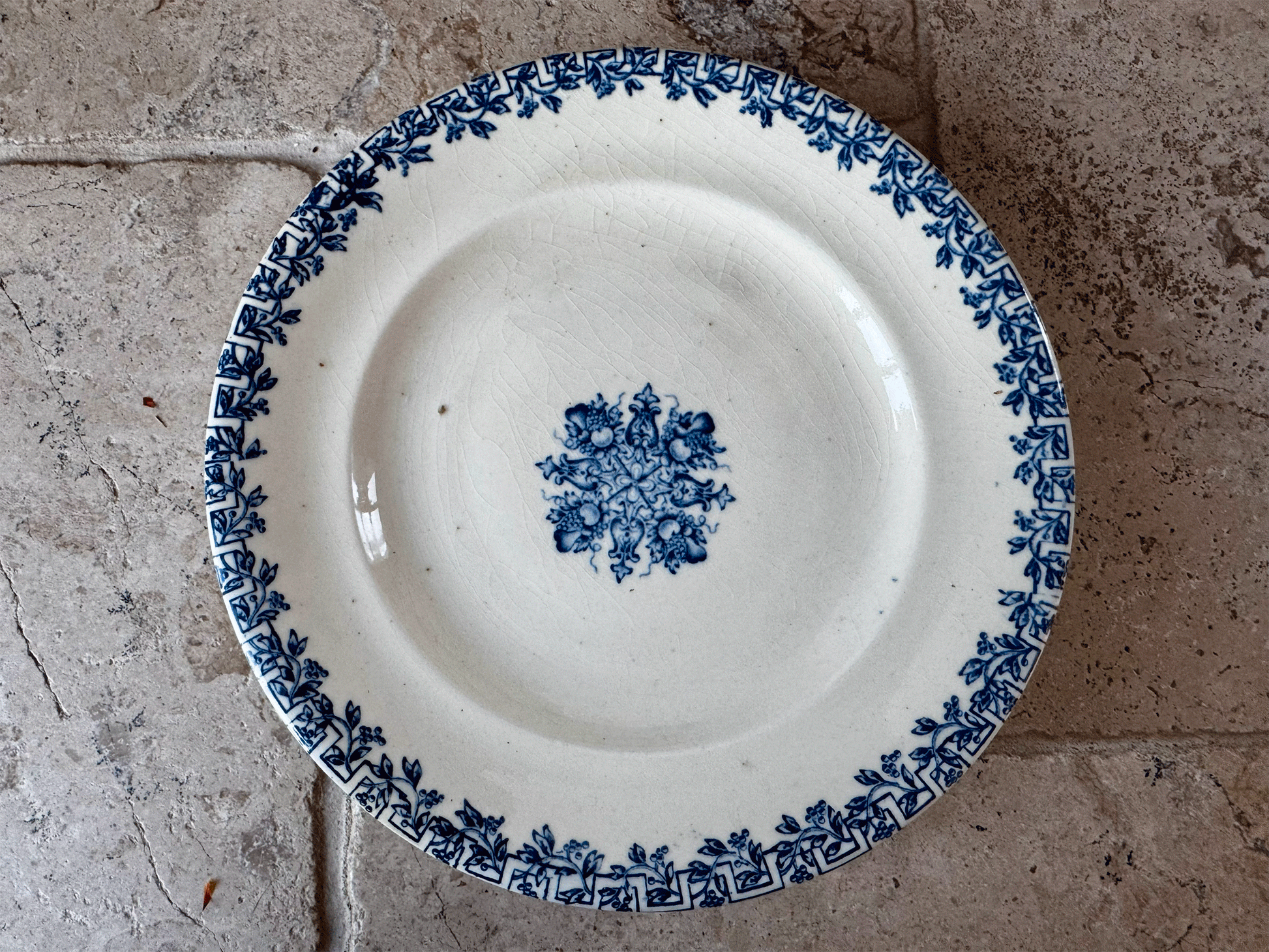 antique french 19th century js co ironstone terre blue transferware grec greek key pattern compotier compote dish cake stand