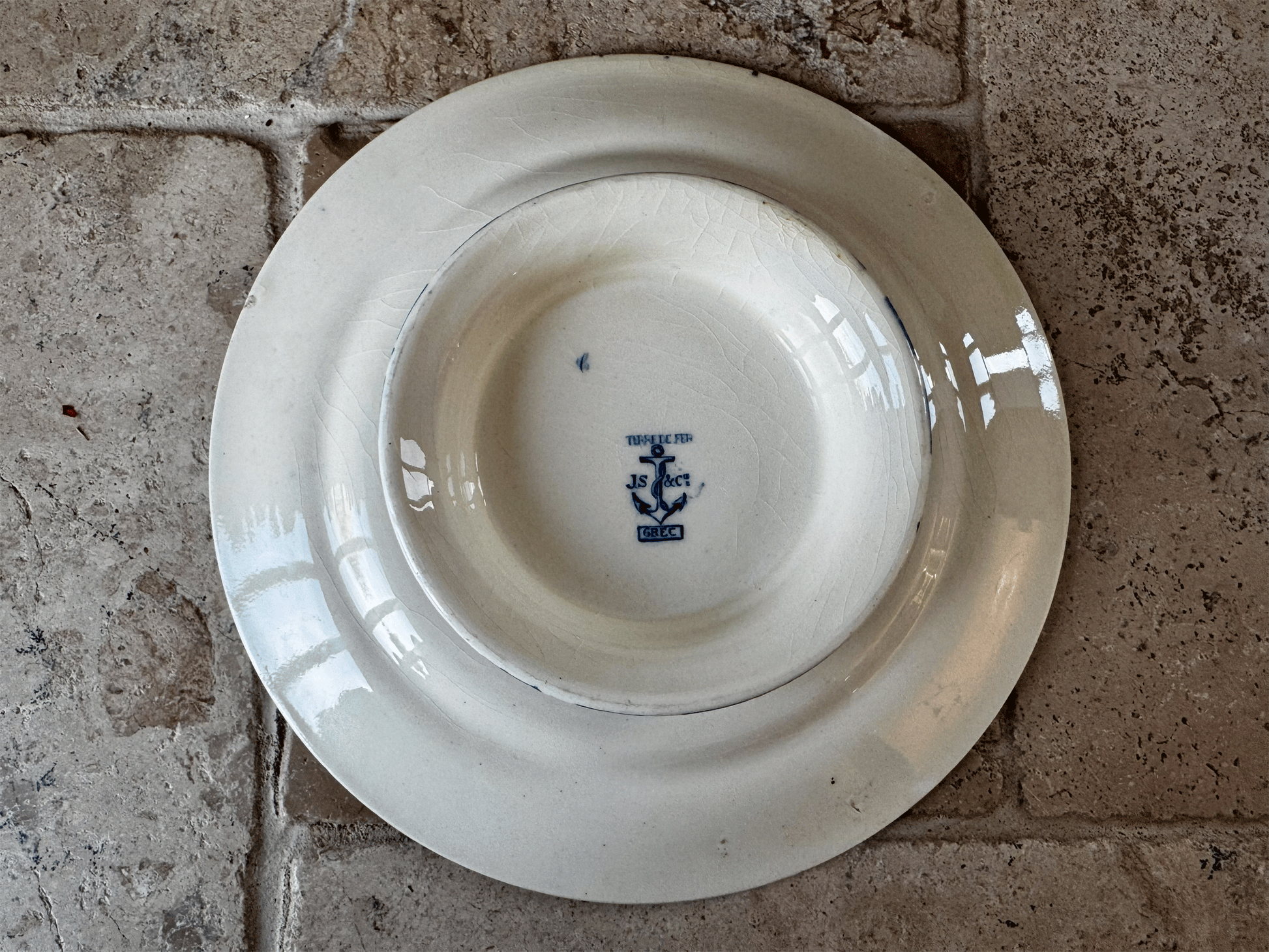 antique french 19th century js co ironstone terre blue transferware grec greek key pattern compotier compote dish cake stand