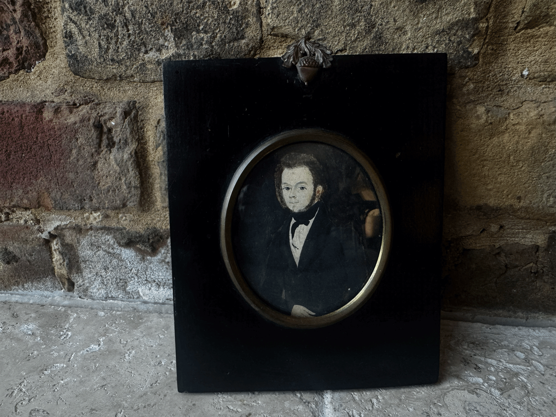 antique 19th century french miniature watercolour portrait gentleman black suit ebony dark rame