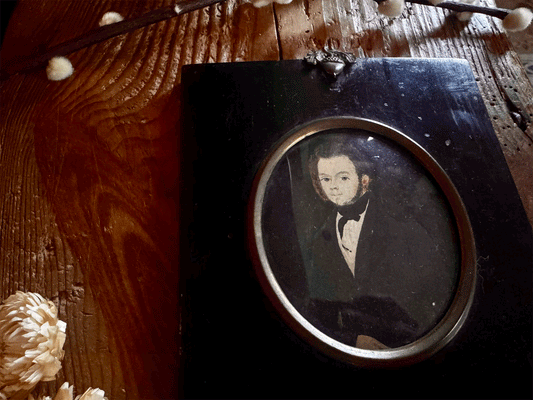 antique 19th century french miniature watercolour portrait gentleman black suit ebony dark rame