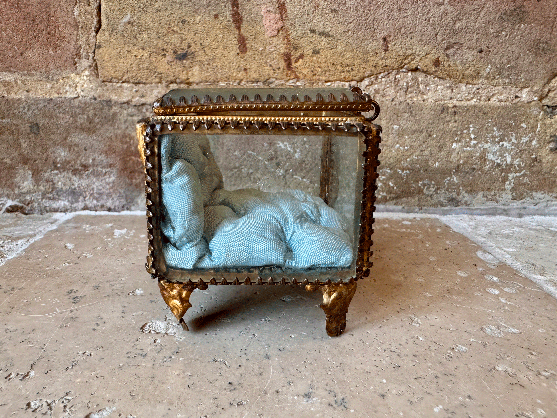 antique french ormolu glass pocket watch display case patch box jewellery casket