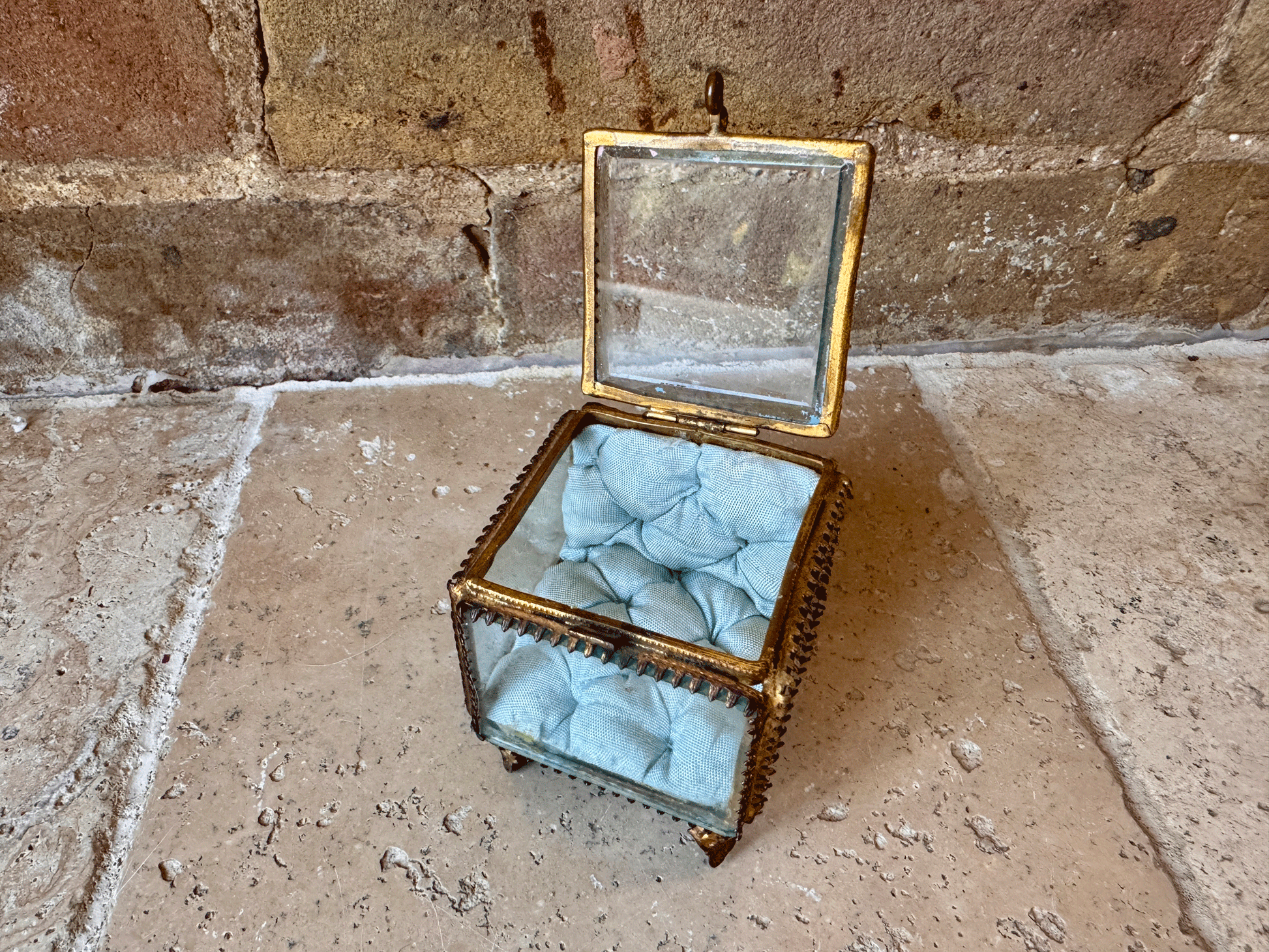 antique french ormolu glass pocket watch display case patch box jewellery casket
