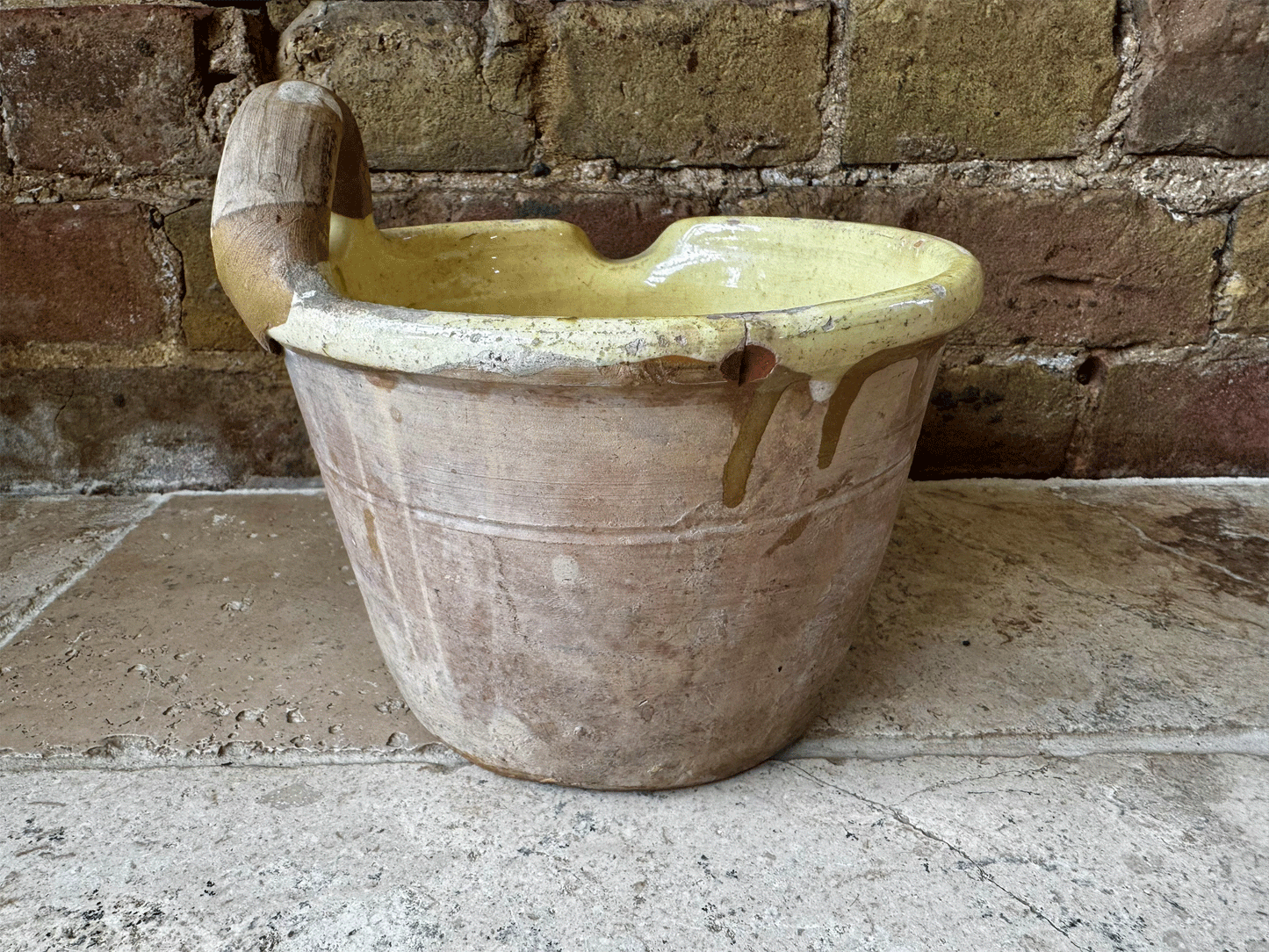 rare antique french 19th century earthenware terracotta yellow glazed milk pail seille pouring lip handle