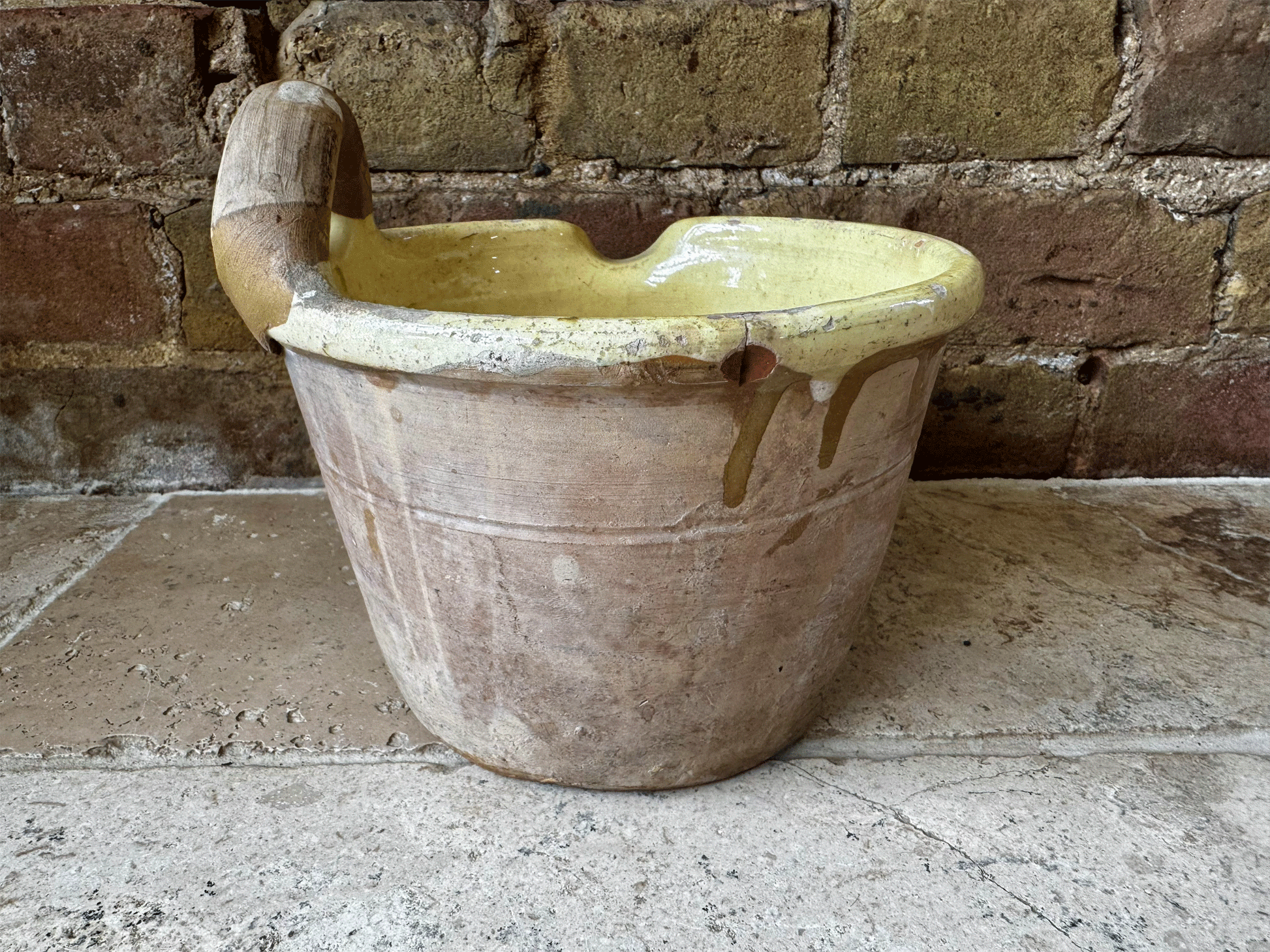rare antique french 19th century earthenware terracotta yellow glazed milk pail seille pouring lip handle