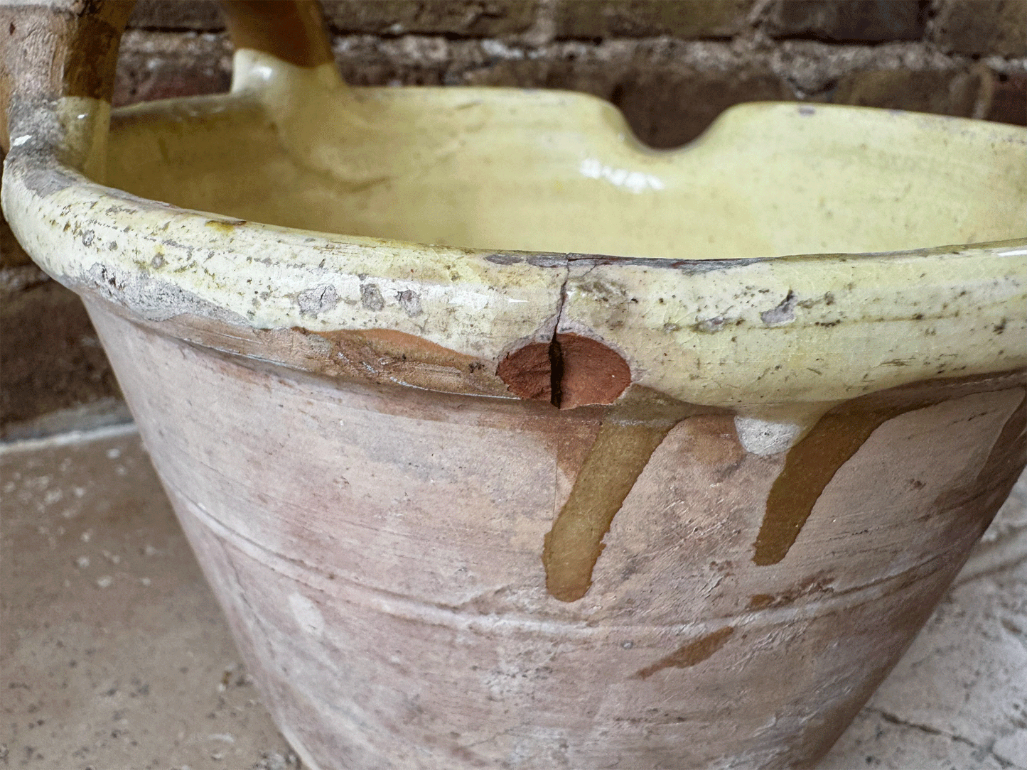 rare antique french 19th century earthenware terracotta yellow glazed milk pail seille pouring lip handle