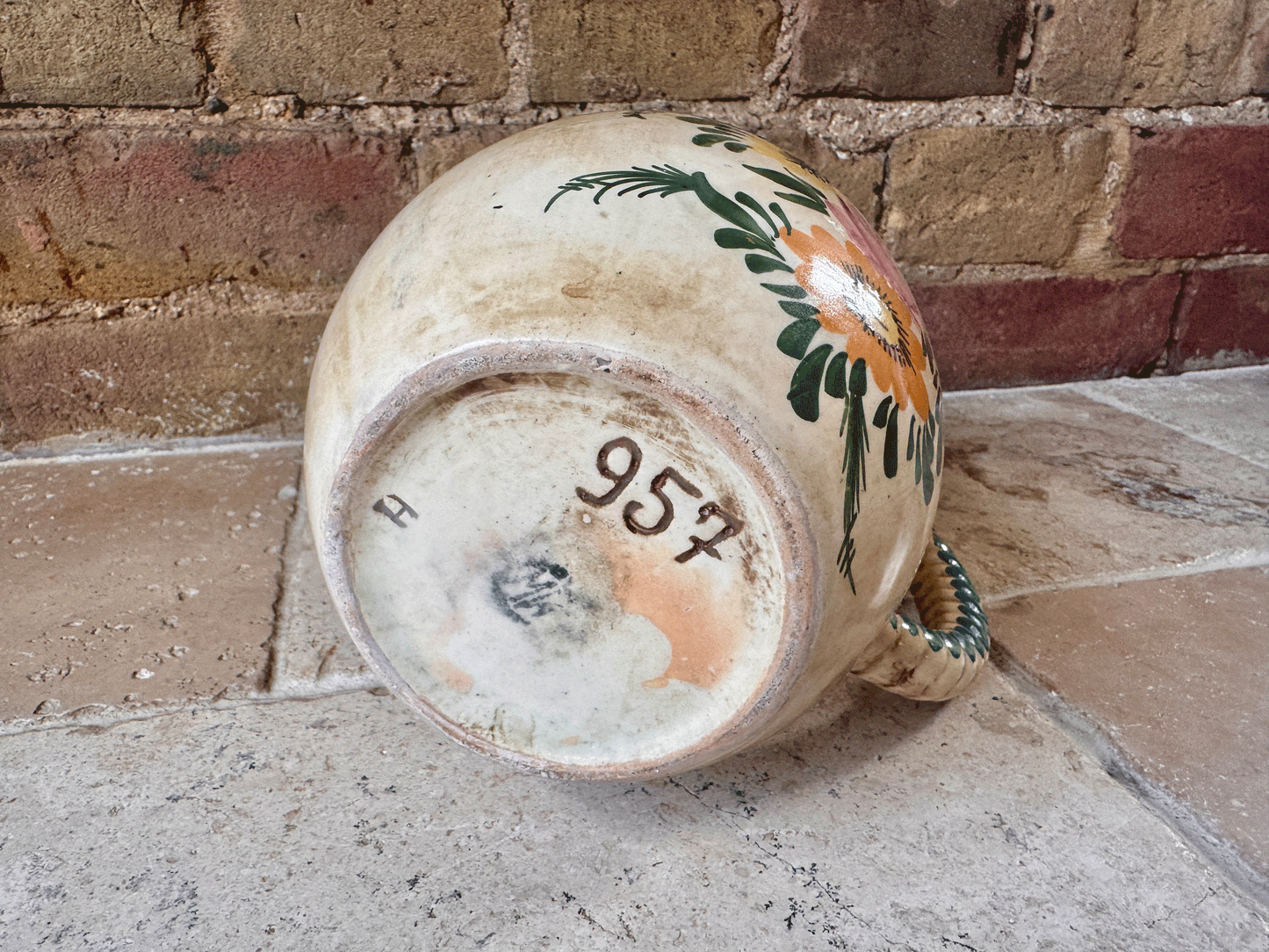 vintage french large hand painted stoneware vase jug pitcher floral decoration flowers