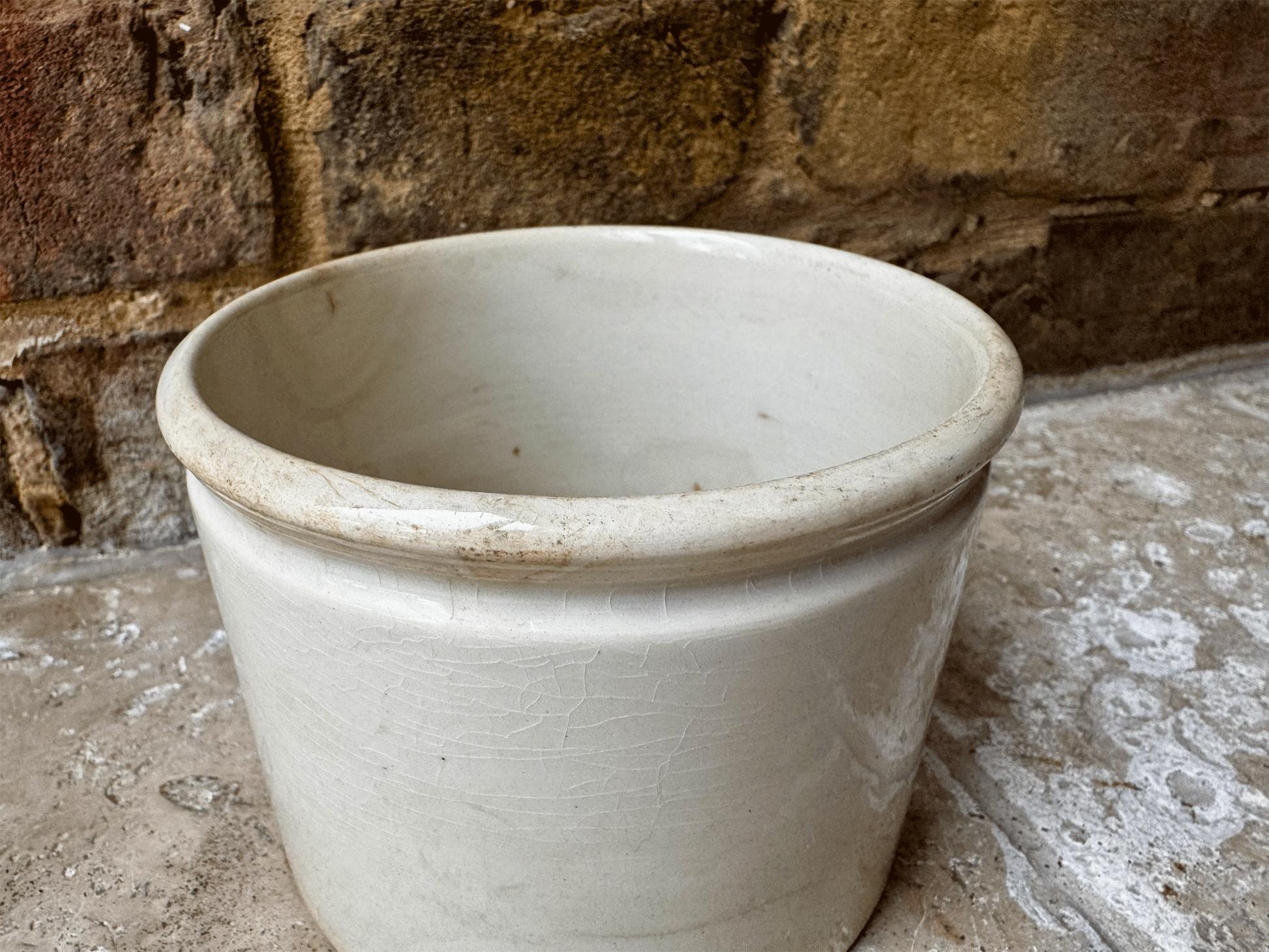 antique french buttery timeworn chunky white ironstone terre de fer confiture pot