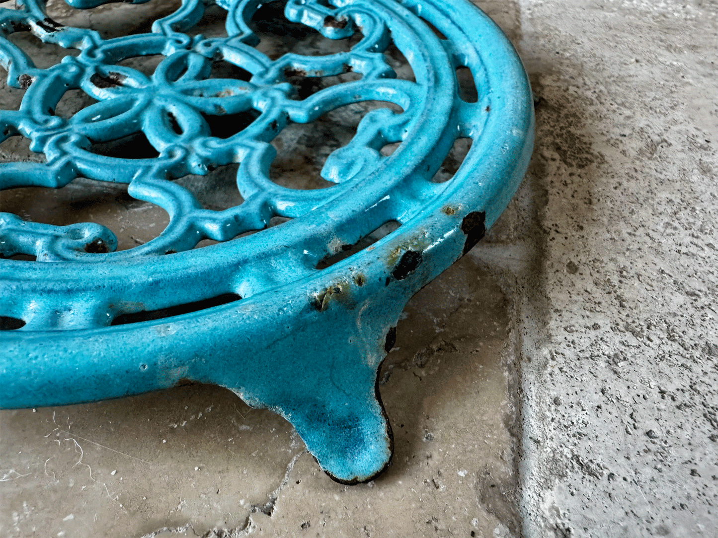 antique french aqua blue enamel pot stand trivet