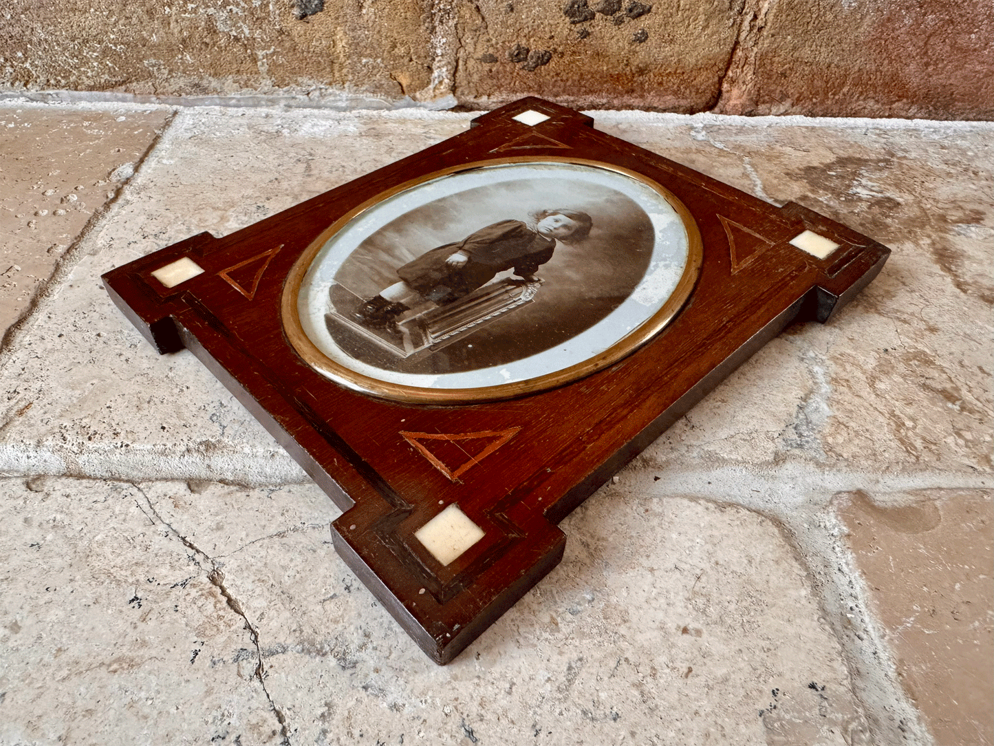 antique french baby boy child portrait black white inlaid mother pearl frame