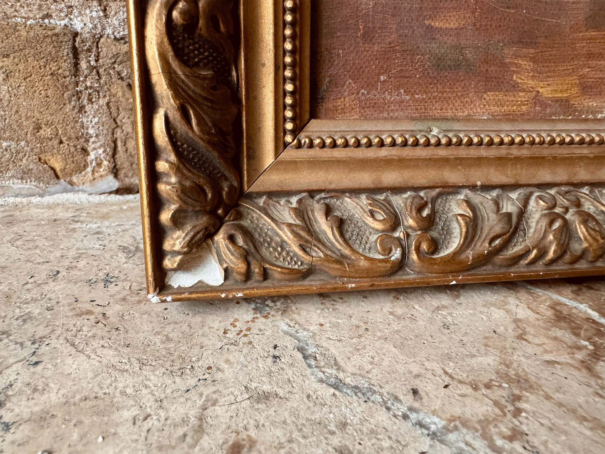 antique french gilt framed oil canvas signed still life opper pot floral cutting glass kitchen art