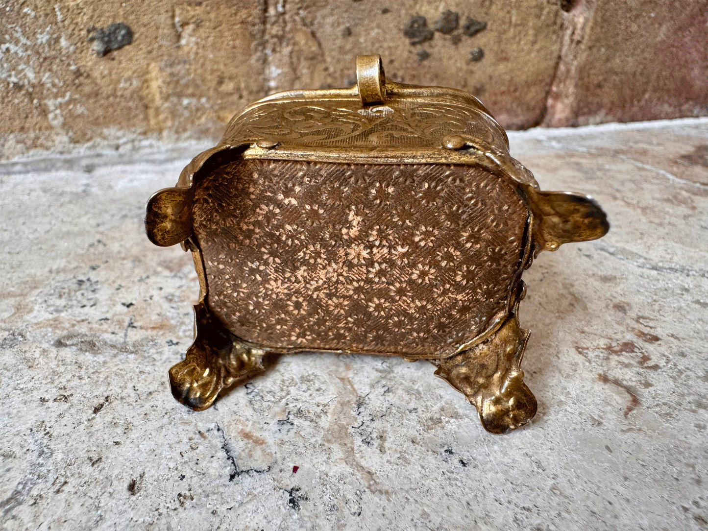 antique french 19th century pressed brass ormolu bevelled glass emerald green silk lining jewel casket patch box napoleon iii