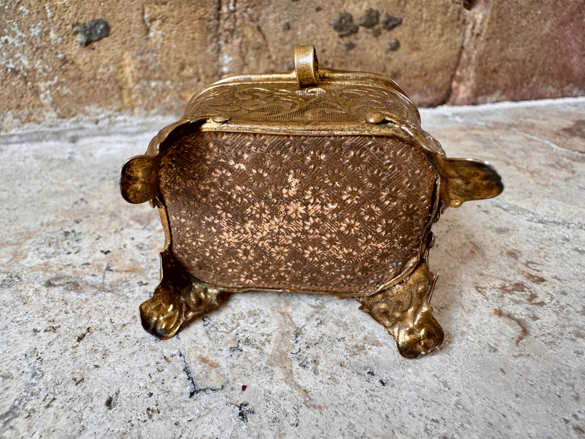 antique french 19th century pressed brass ormolu bevelled glass emerald green silk lining jewel casket patch box napoleon iii
