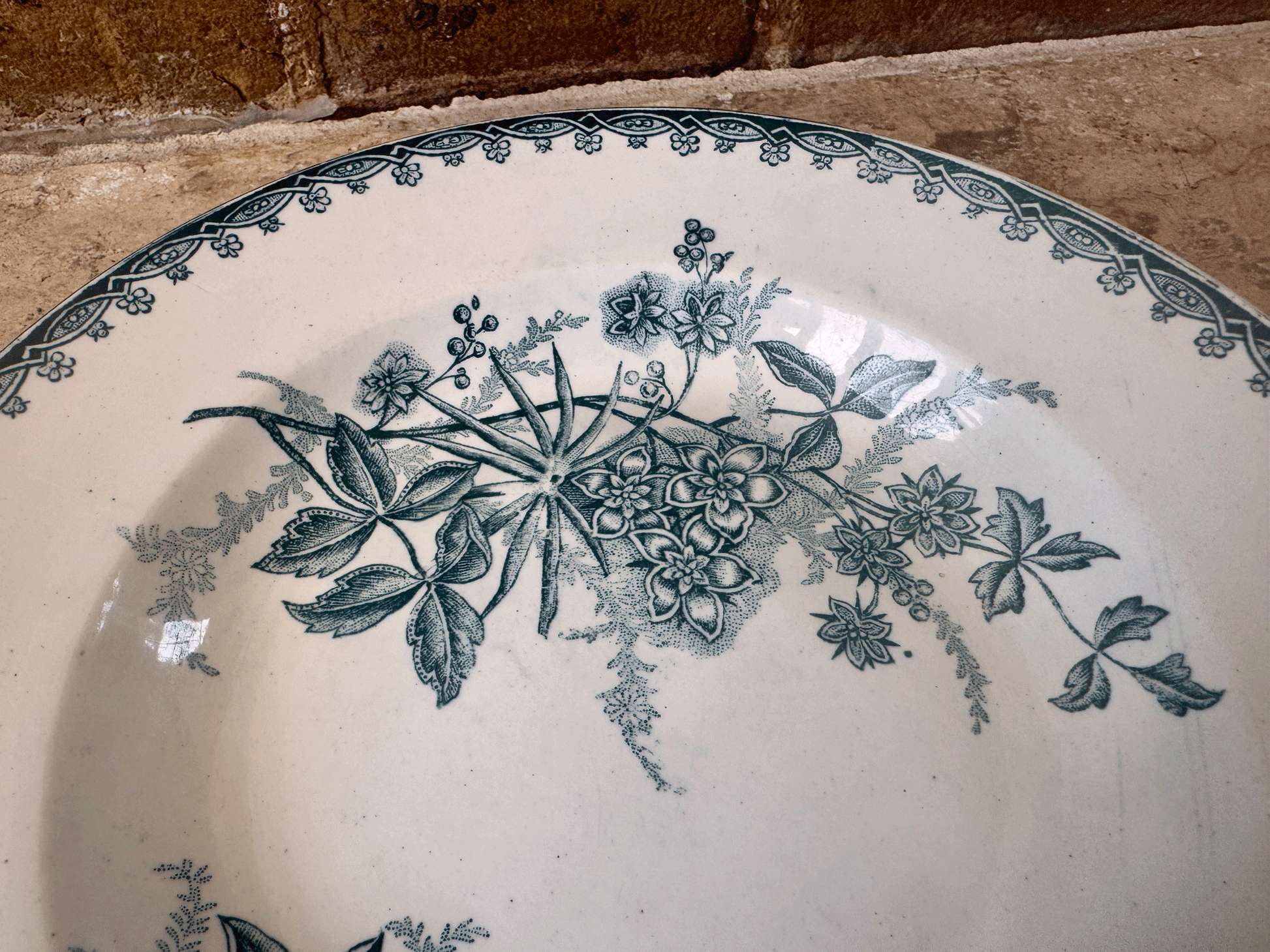 antique french teal blue green transferware soup bowl terre de fer ironstone st amandoise margot