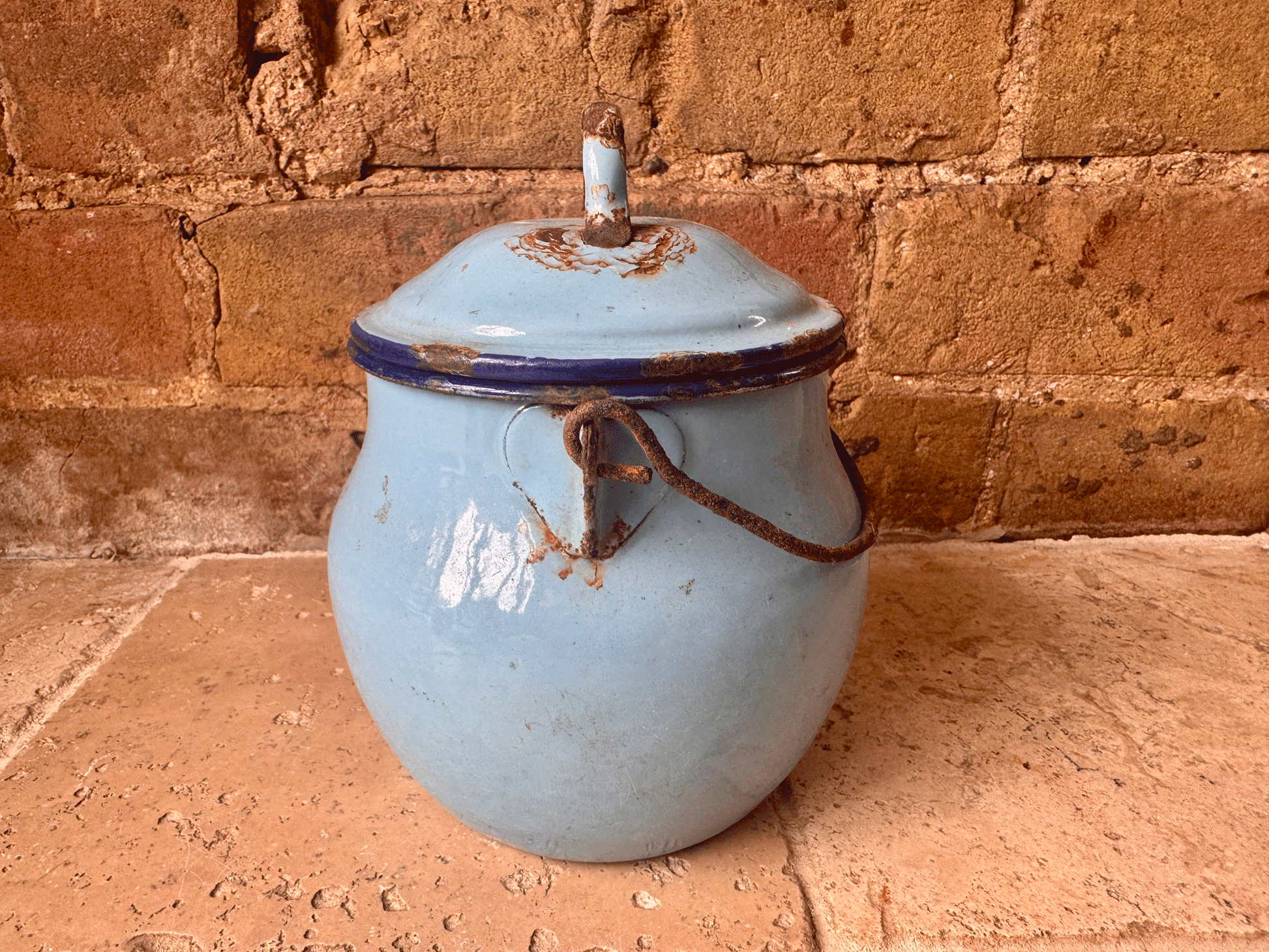 antique french blue enamel picnic tiffin cooking pot weathered worn