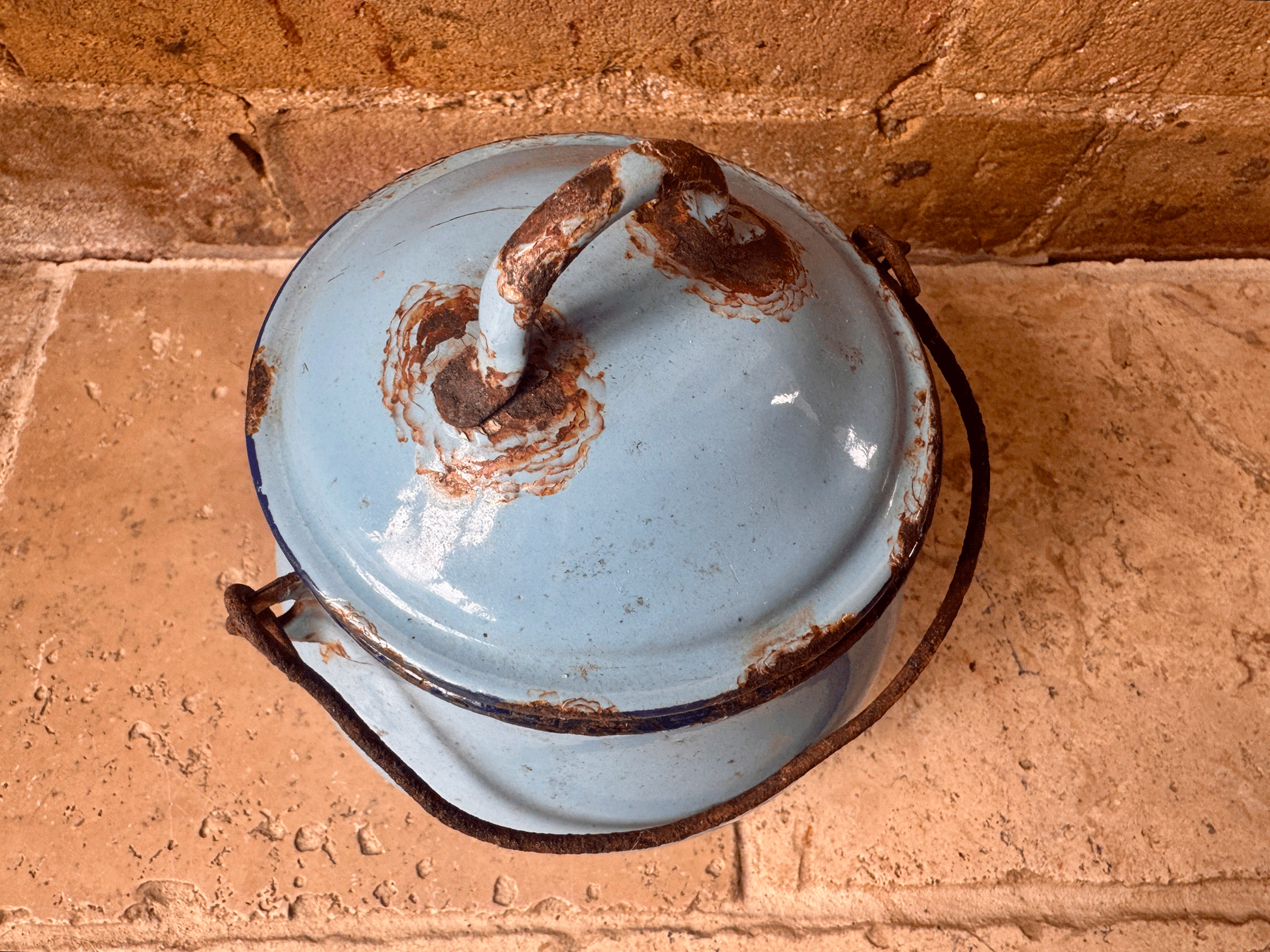 antique french blue enamel picnic tiffin cooking pot weathered worn