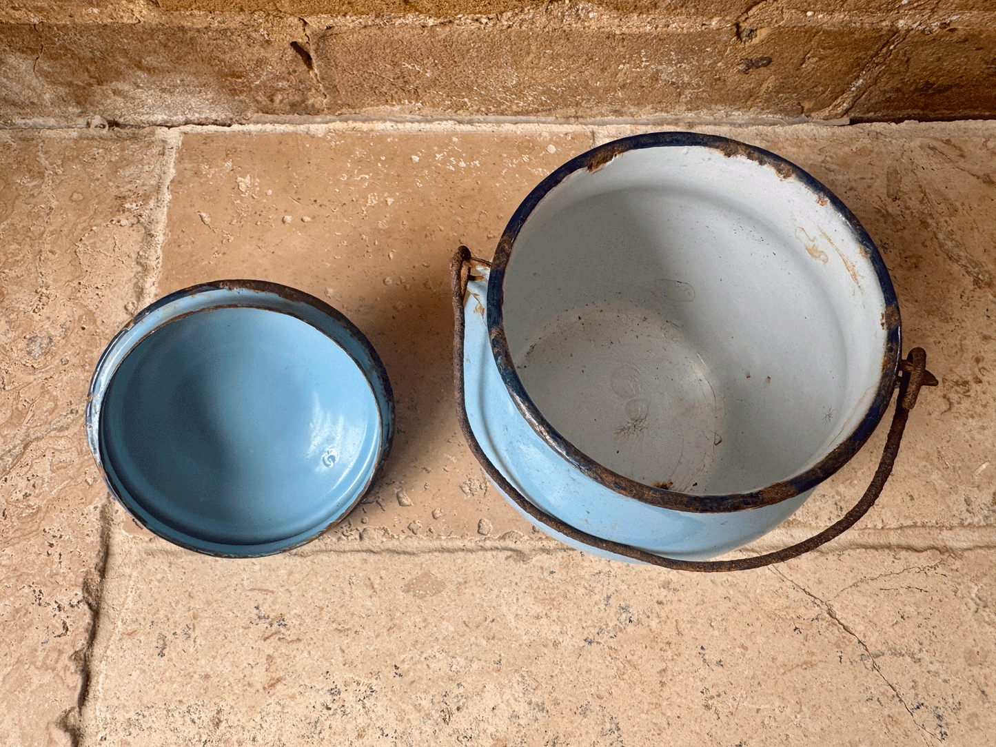 antique french blue enamel picnic tiffin cooking pot weathered worn