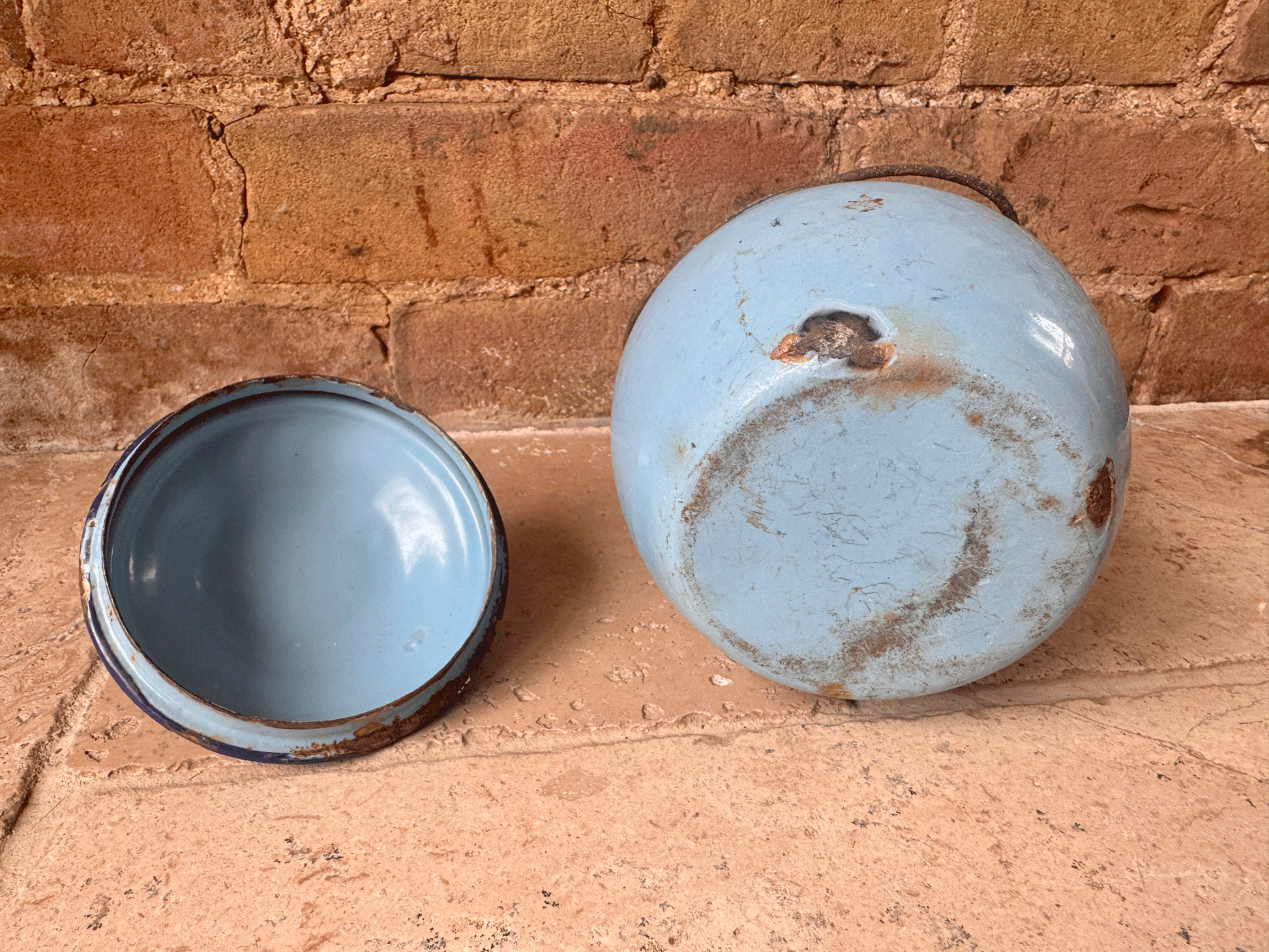 antique french blue enamel picnic tiffin cooking pot weathered worn