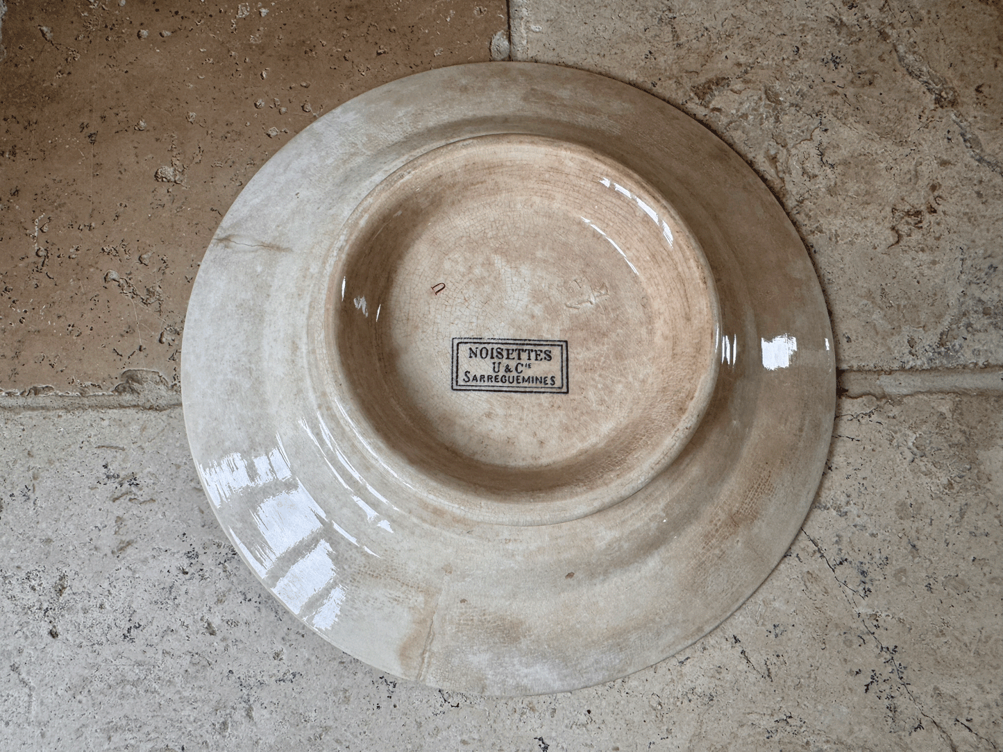 antique french buttery weathered worn terre de fer ironstone blue transferware compotier compote dish cake plate stand sarreguemines noisettes hazelnut
