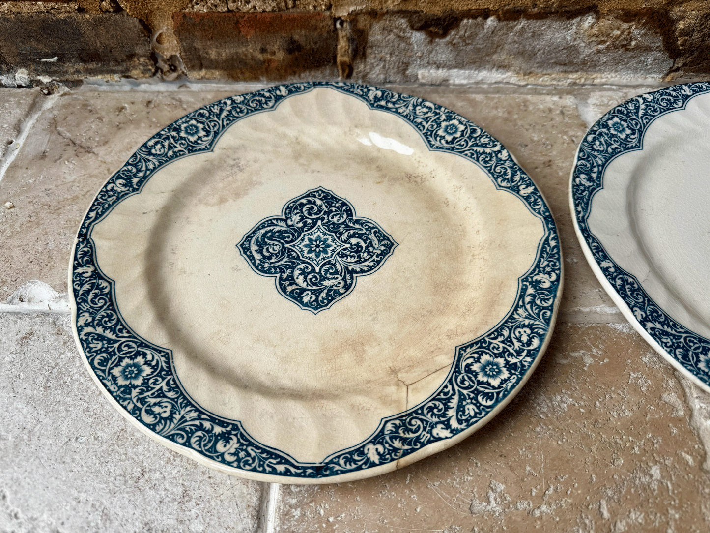 antique french blue transferware ironstone terre de fer dinner plate