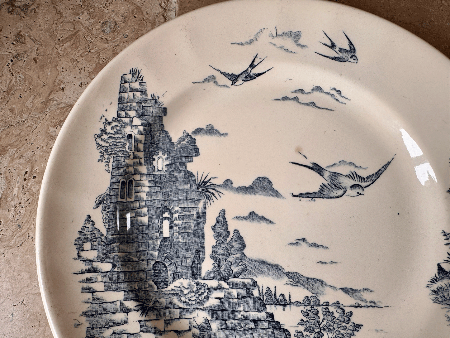 Antique French Blue Transferware Donjon Bird Plate