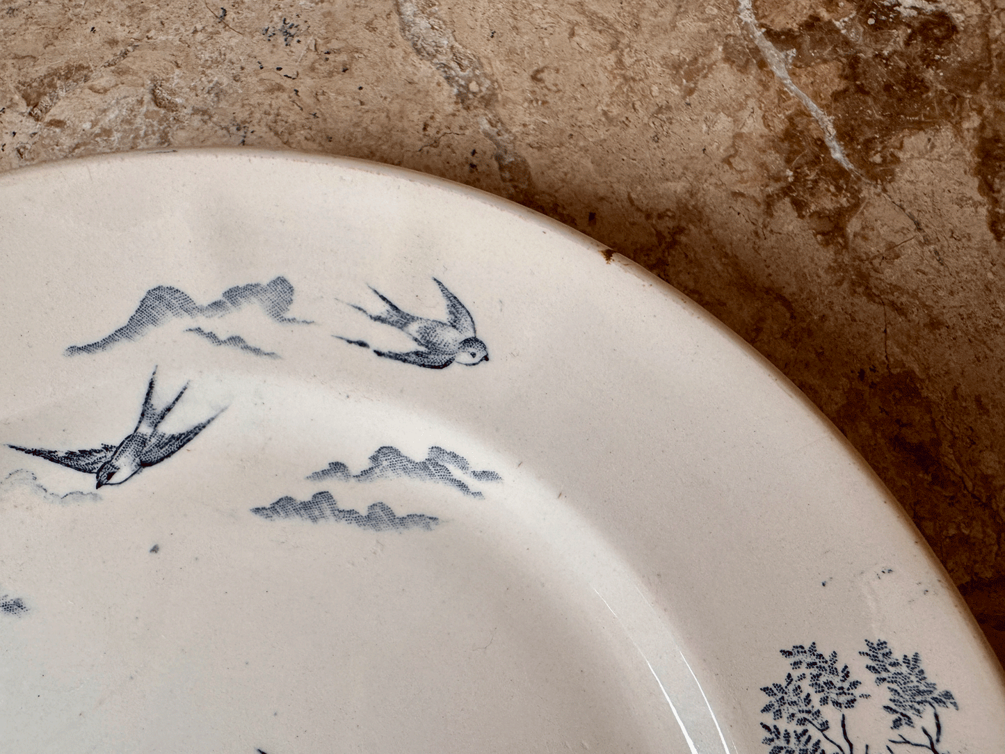 Antique French Blue Transferware Donjon Bird Plate